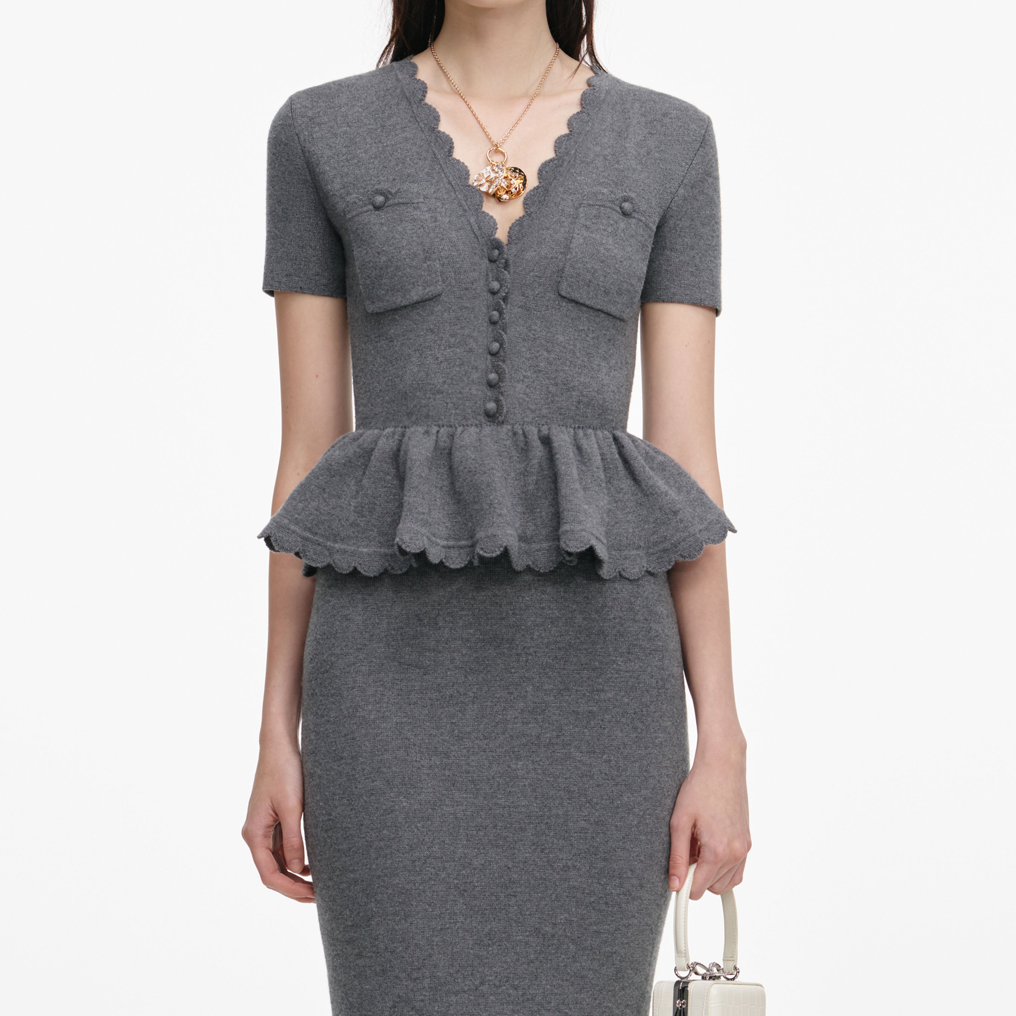 Grey Peplum Knit Midi Dress – self-portrait-US