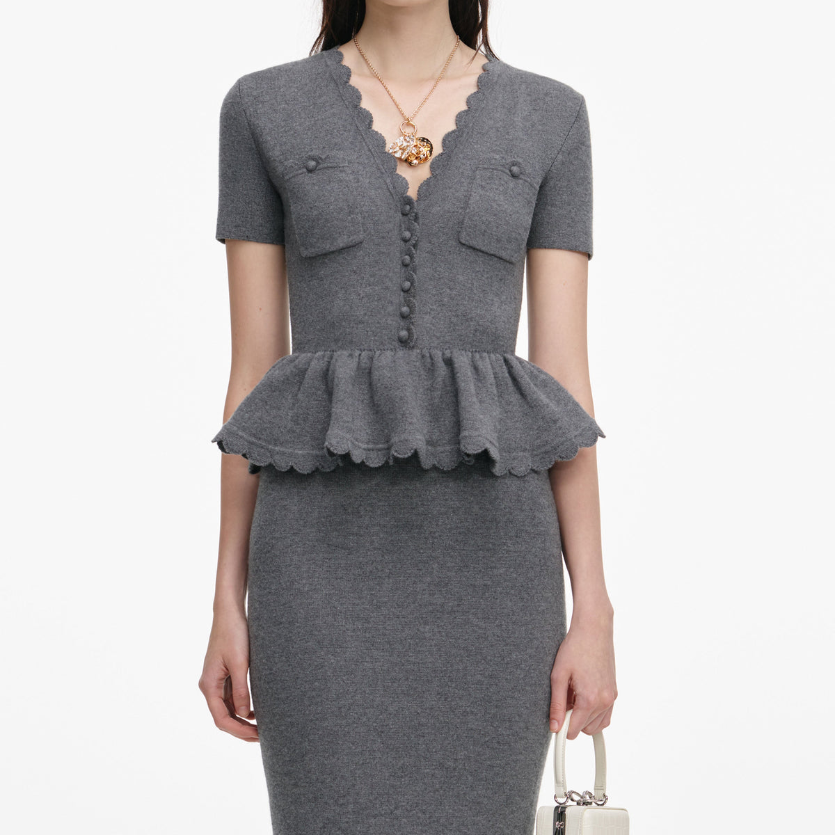 light grey peplum dress Folded Off The Shoulder with Side Layered Peplum Silk and Wool Long Dr
