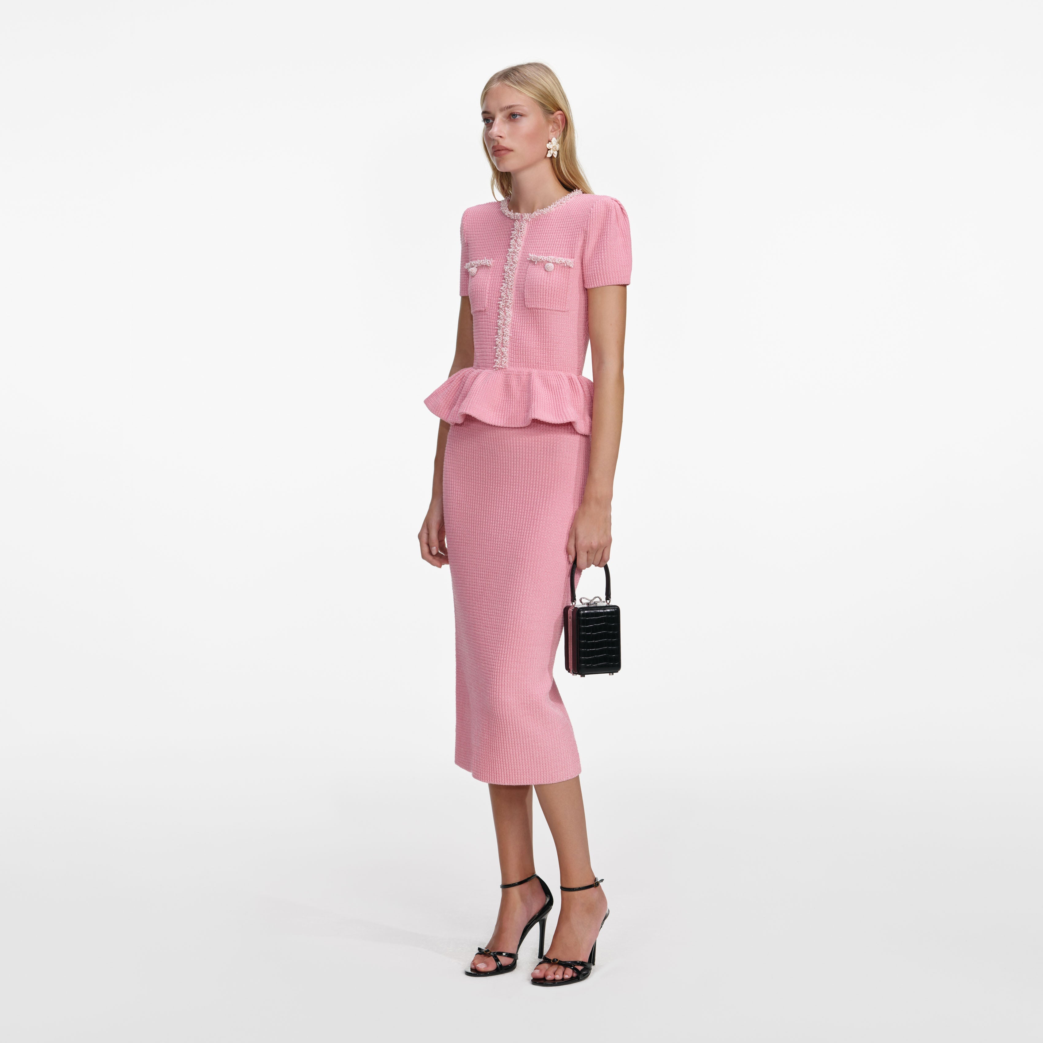 Pink Peplum Knit Midi Dress – self-portrait-US