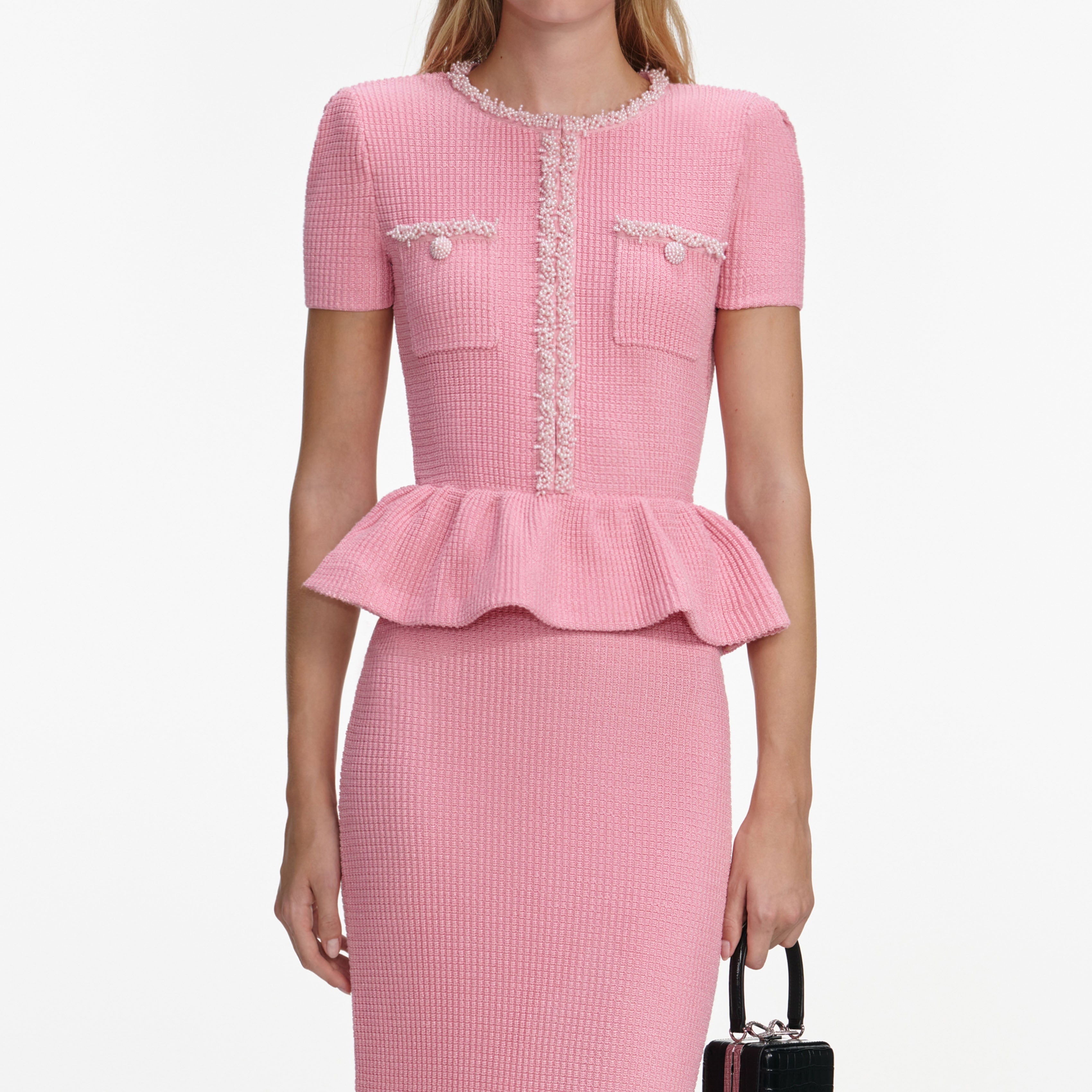 Pink Peplum Knit Midi Dress – self-portrait-US