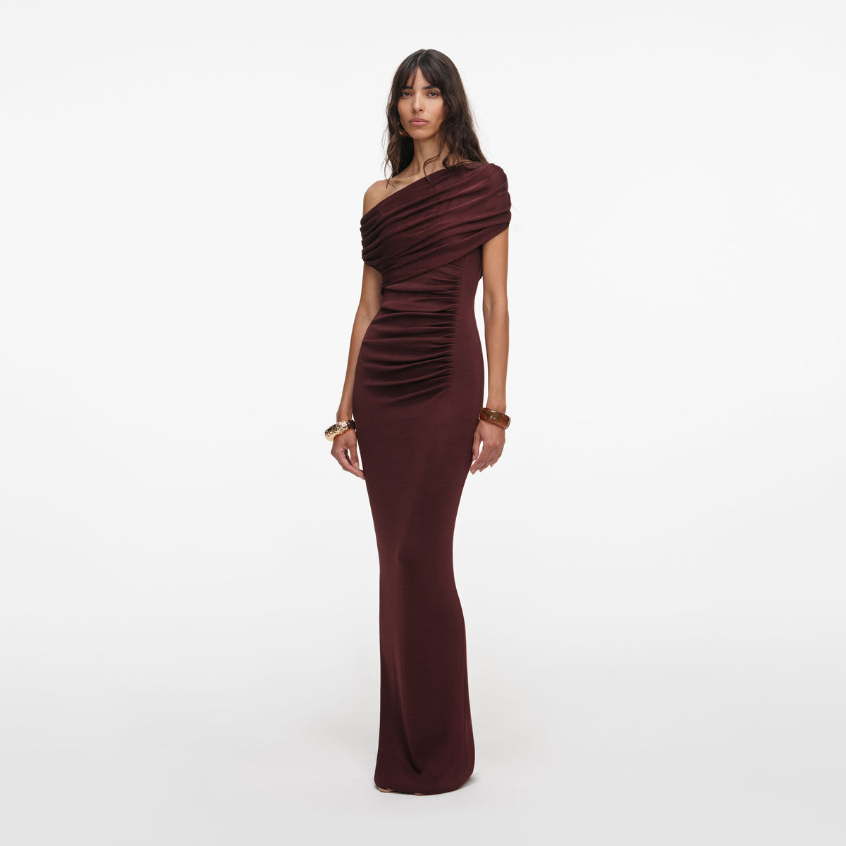self-portrait Draped Knitted Long Dress - Brown self-portrait Draped Knitted Long Dress - Brown