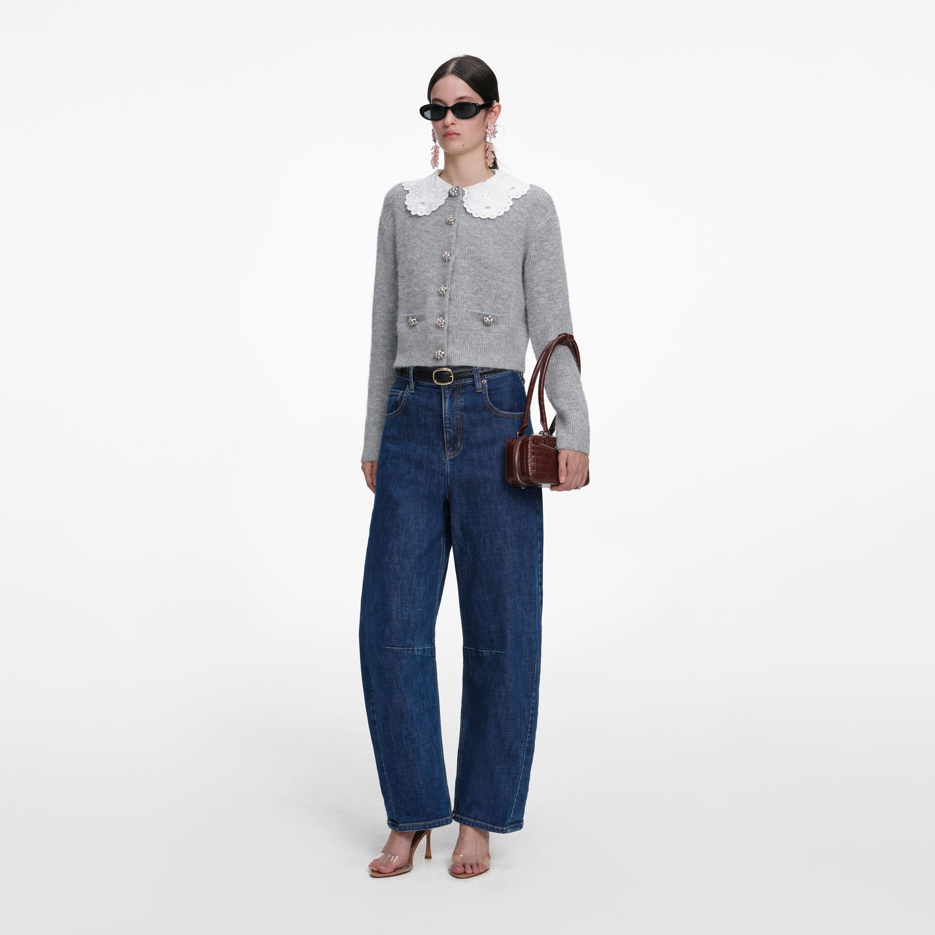 Side view of a woman wearing the Grey Lace Collar Cardigan