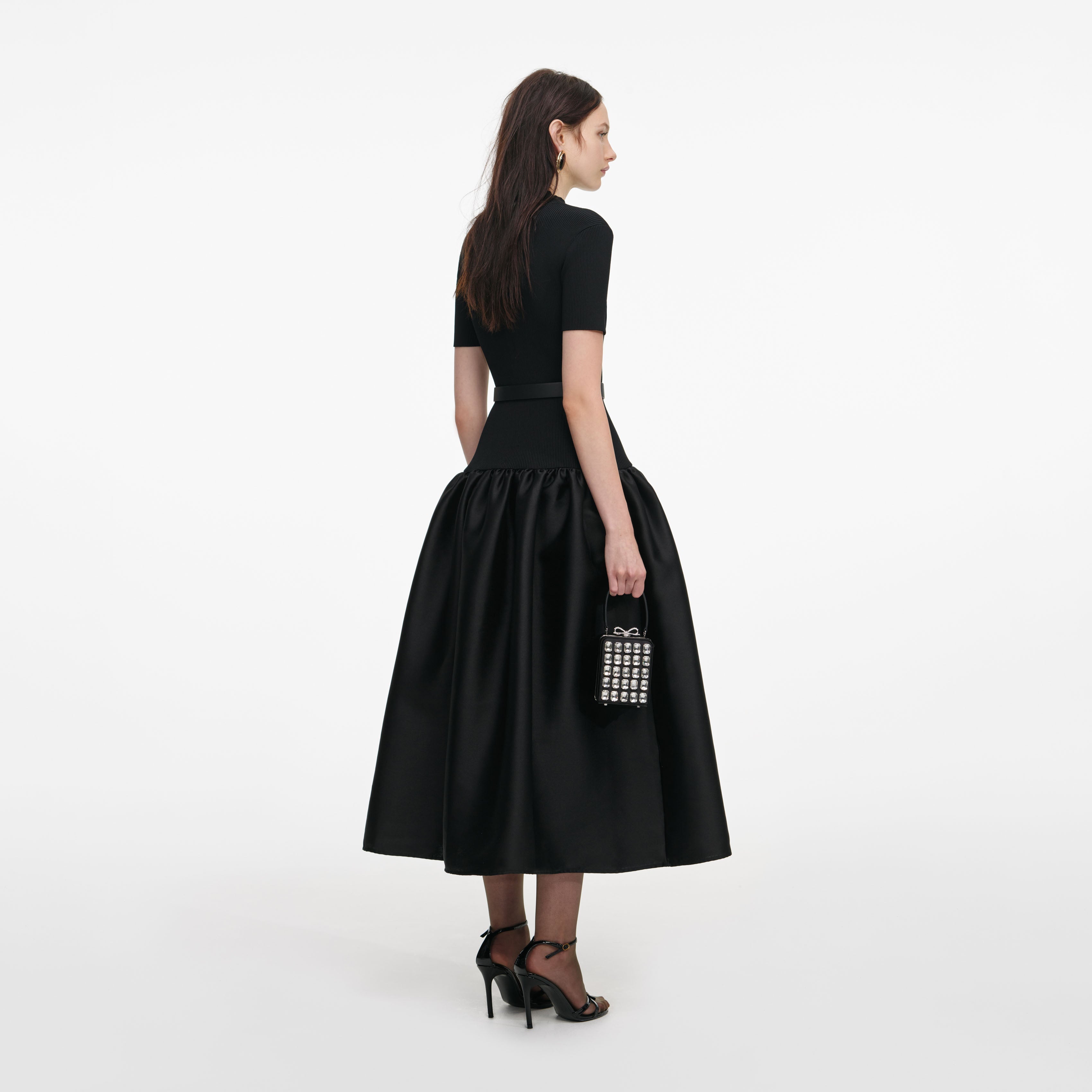 Black Knit Taffeta Midi Dress