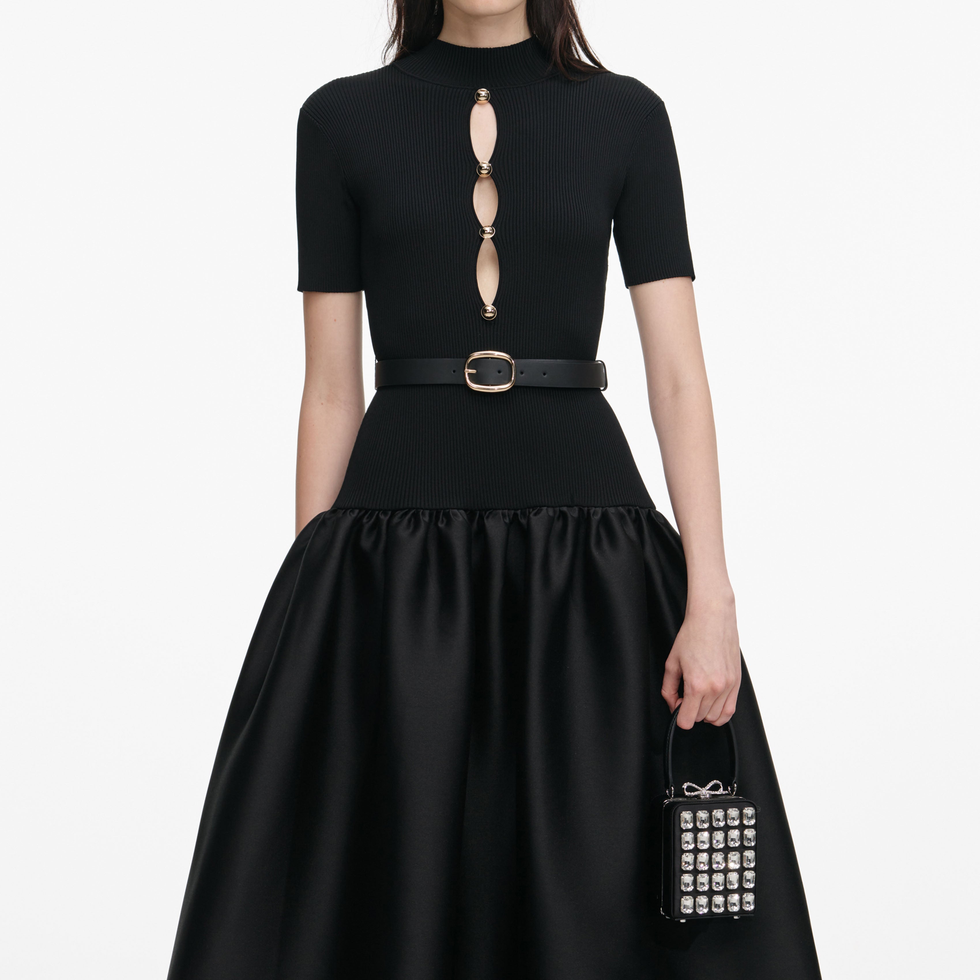 Black Knit Taffeta Midi Dress