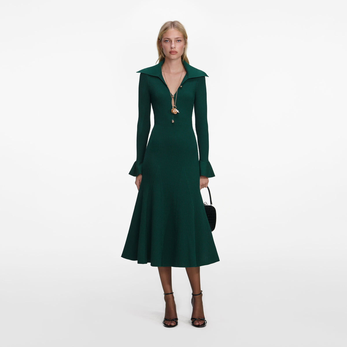 knit green dress Self-Portrait - Green Keyhole Knit Midi Dress