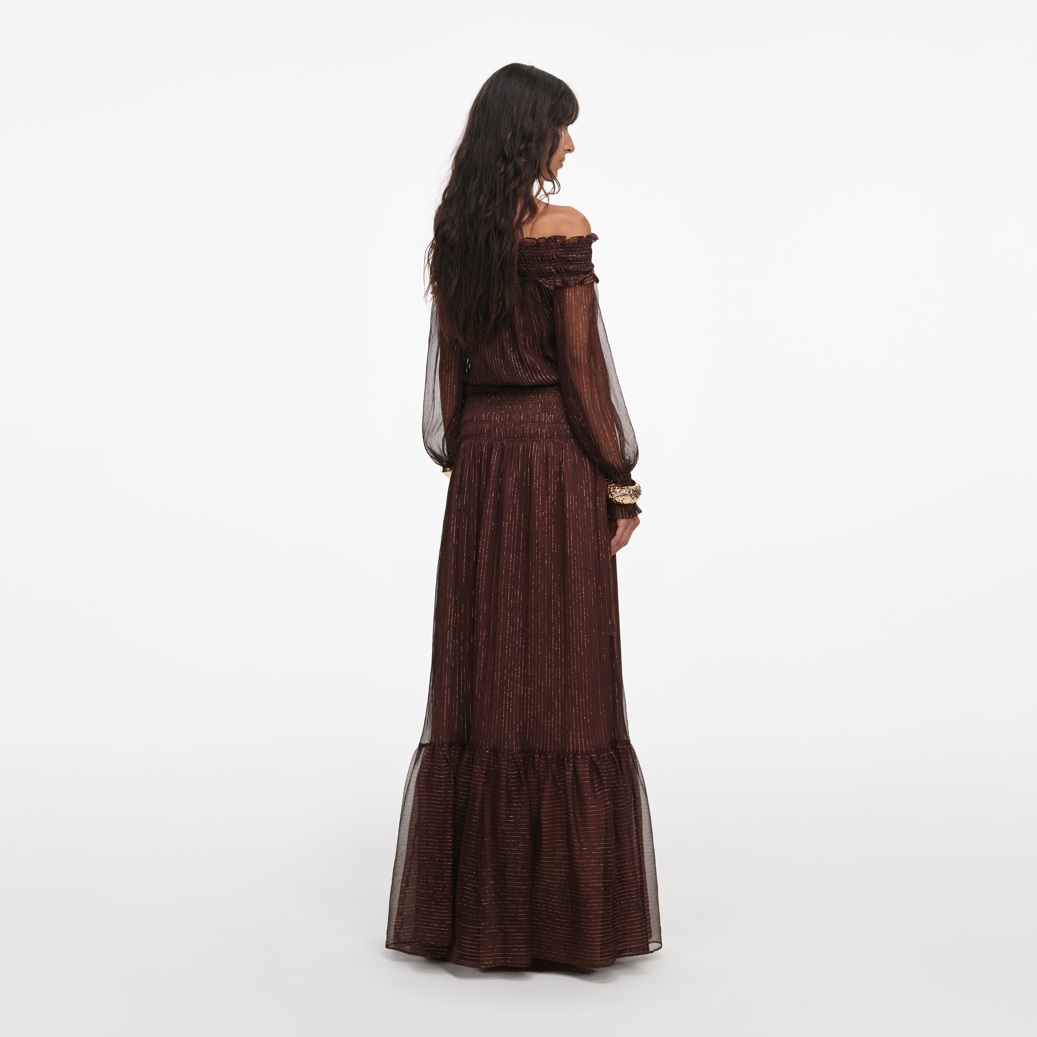 Brown Georgette Off Shoulder Maxi Dress