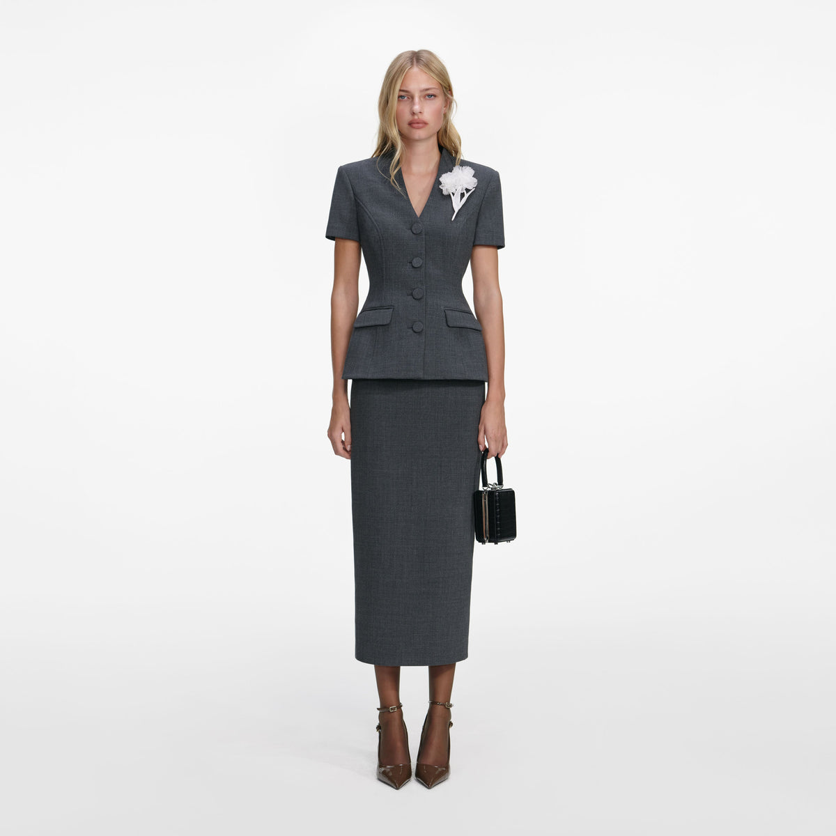 Grey Tailored Flower Detail Midi Dress – self-portrait-US