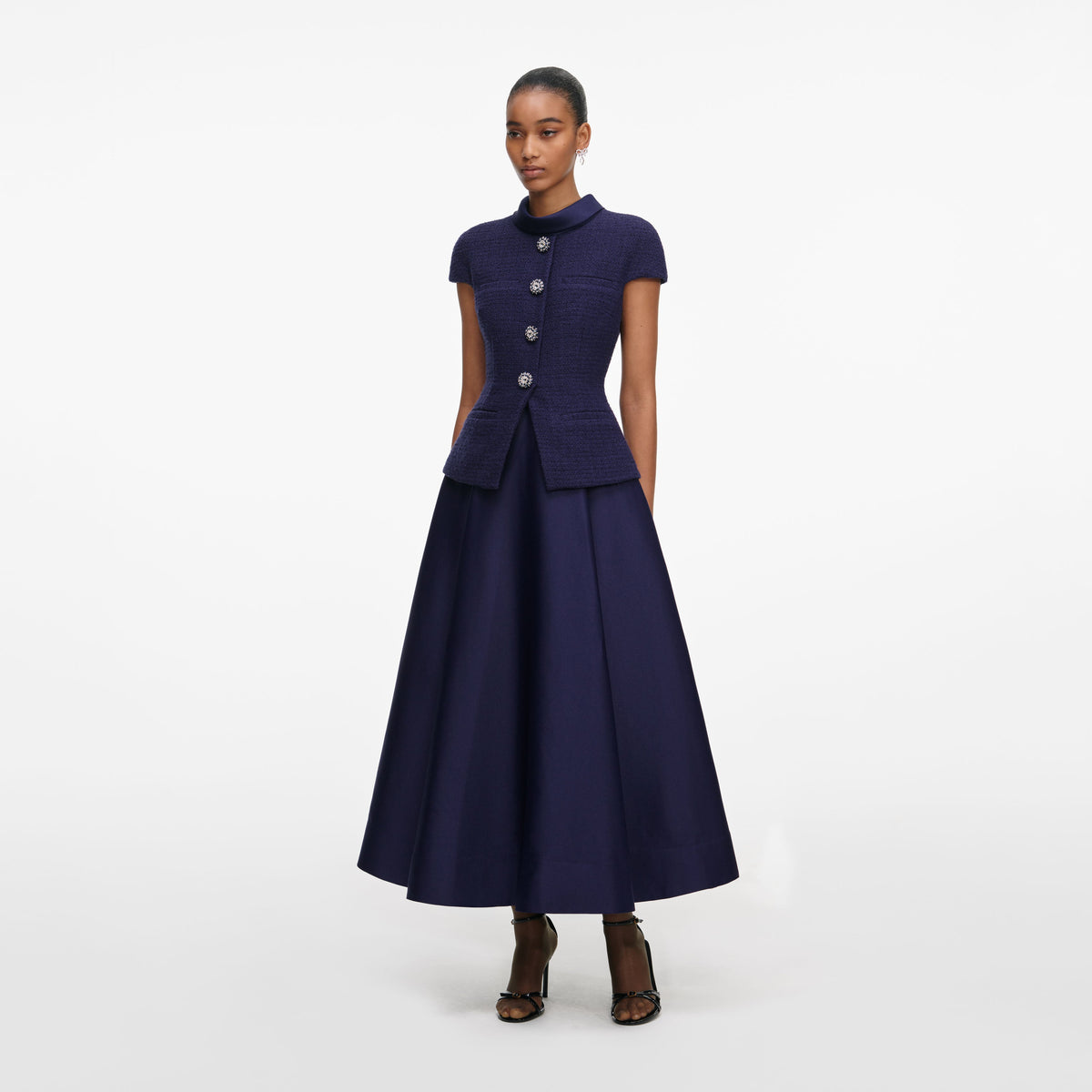 Navy Boucle Taffeta Midi Dress – self-portrait-US