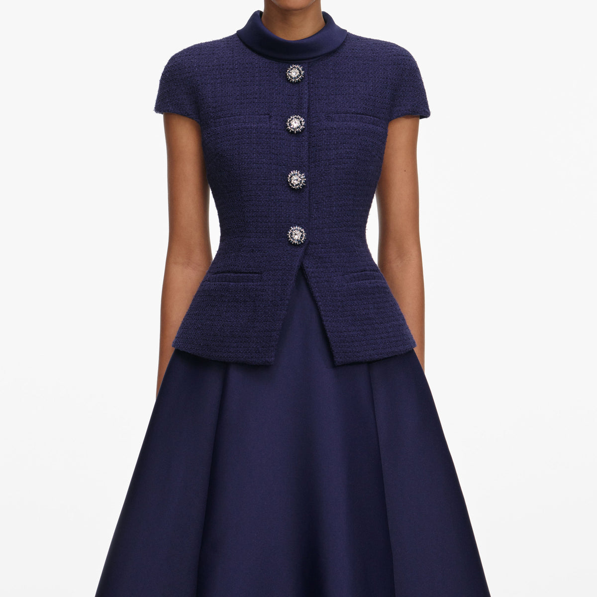 self portrait navy knit taffeta midi dress Navy Knit Taffeta Midi Dress  self-portrait-US