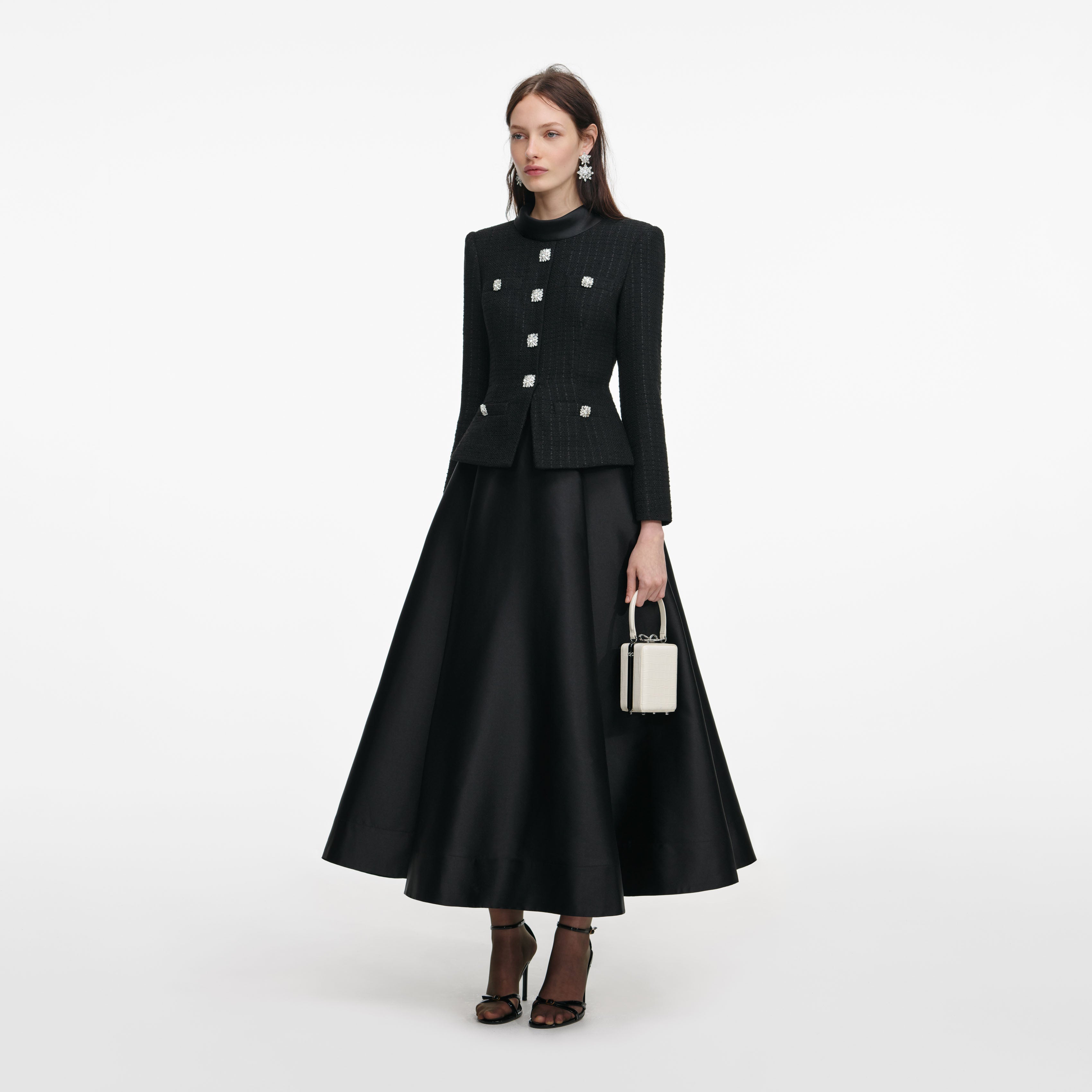 Black Boucle Taffeta Midi Dress