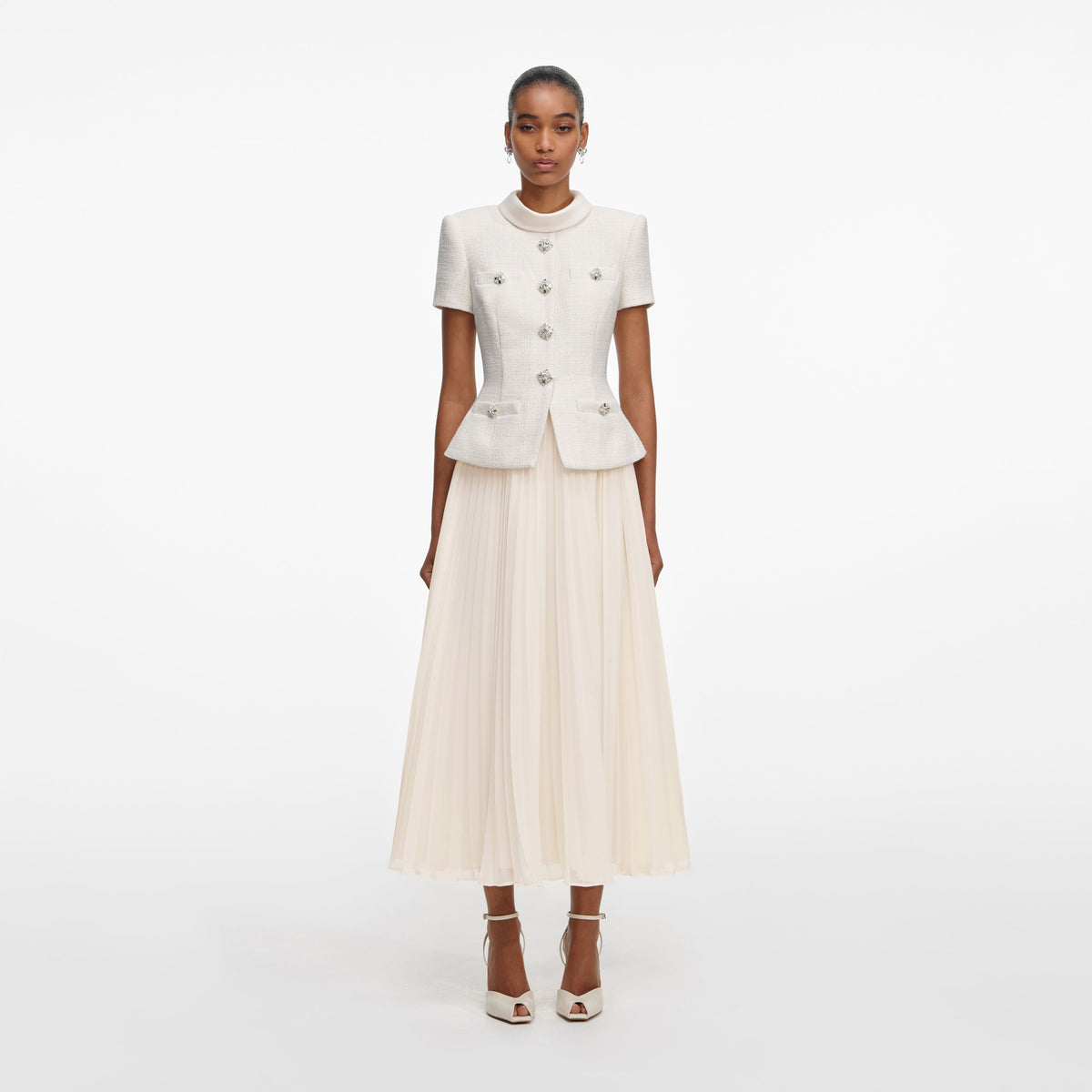 self portrait cream boucle collared mini dress Cream Boucle Diamante Bow Mini Dress self-portrait-US