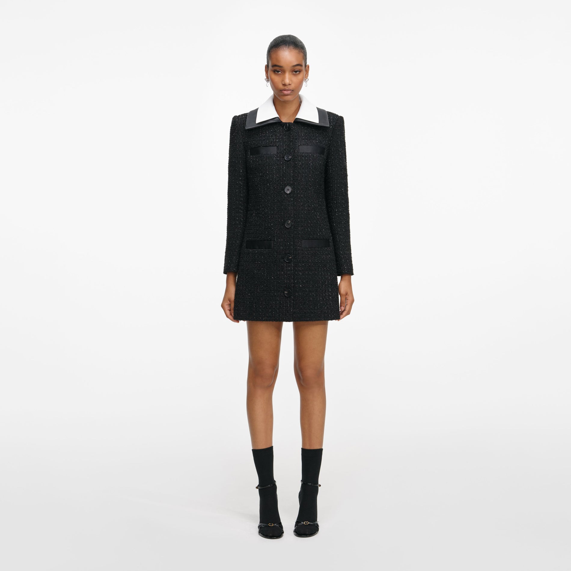 Front view of a woman wearing the Black Boucle Contrast Collar Mini Dress