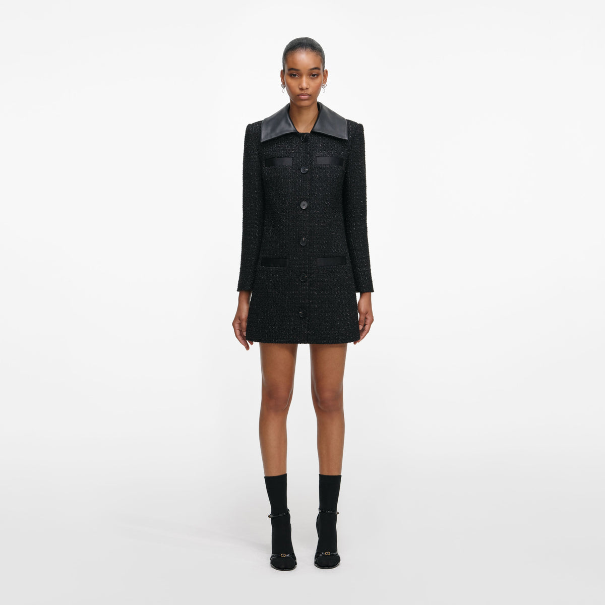 black boucle tailored mini dress self-portrait - Black Boucle Contrast Collar Mini Dress