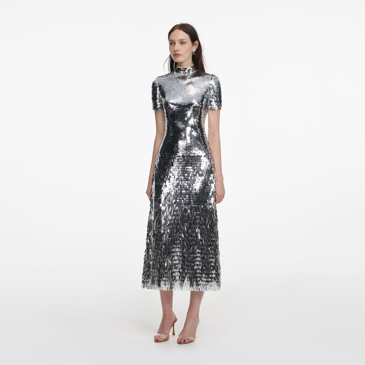 handcrafted silver midi dress self-portrait - Silver Gradient Sequin Midi Dress