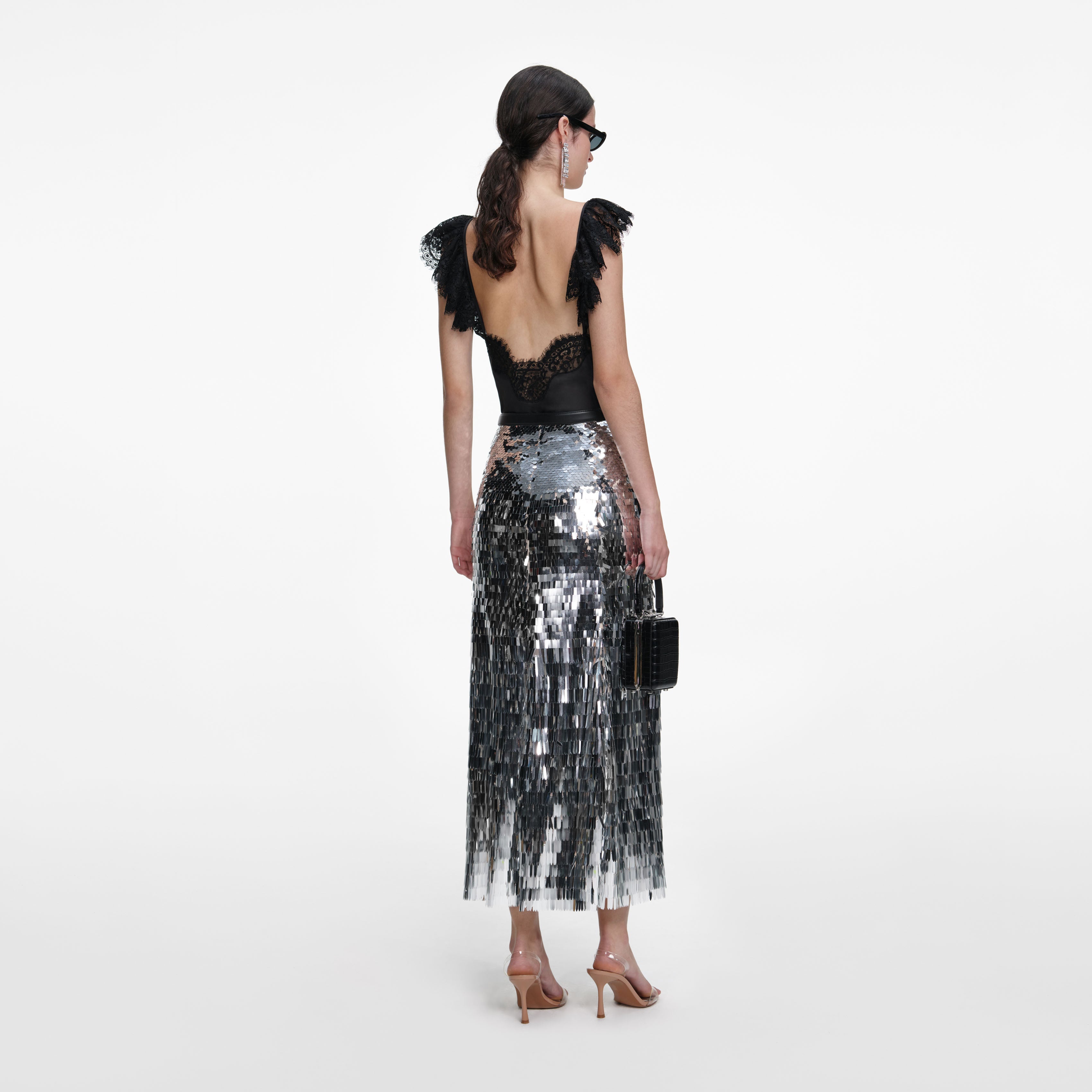 Silver Gradient Sequin Midi Skirt