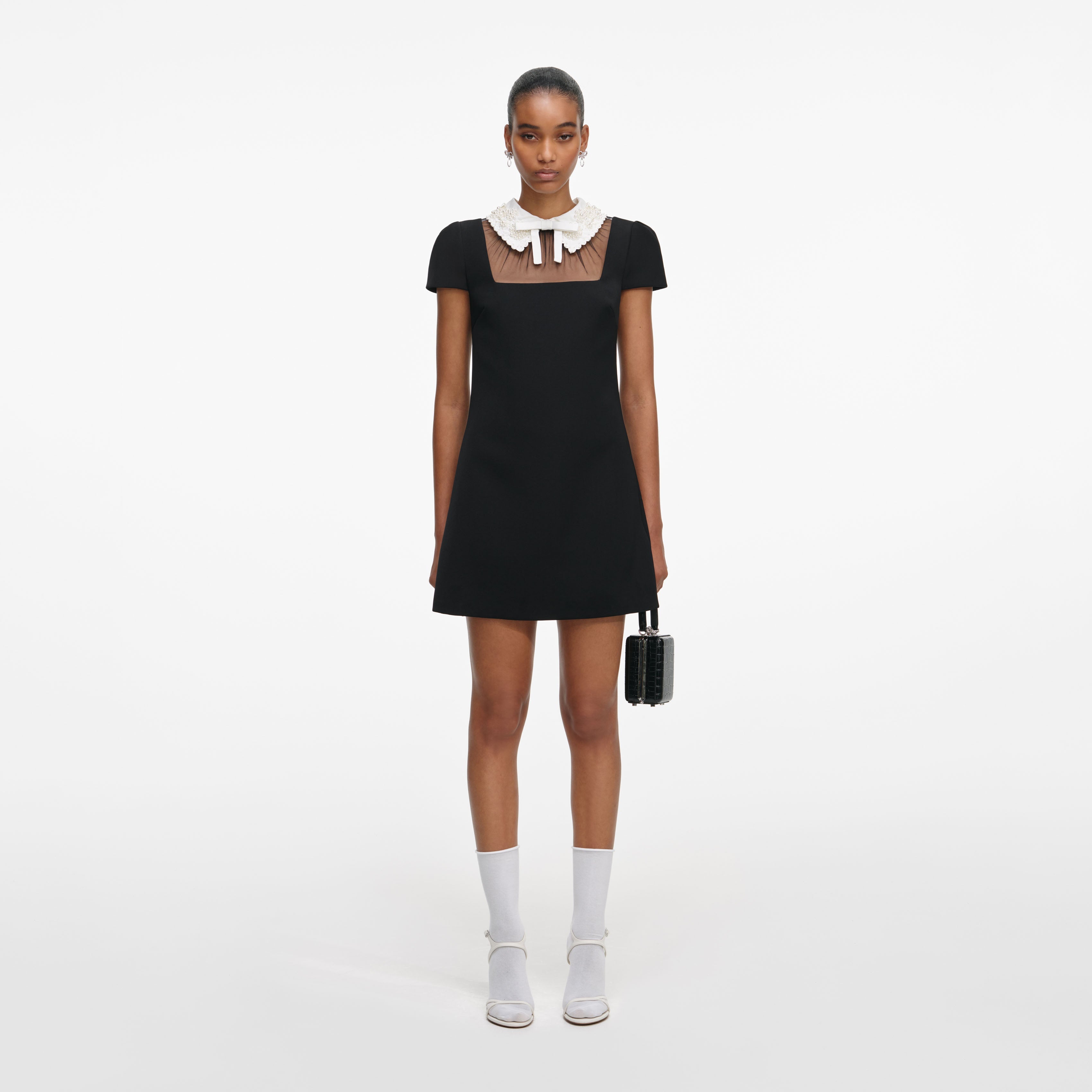 Black Crepe Bow Collar Mini Dress