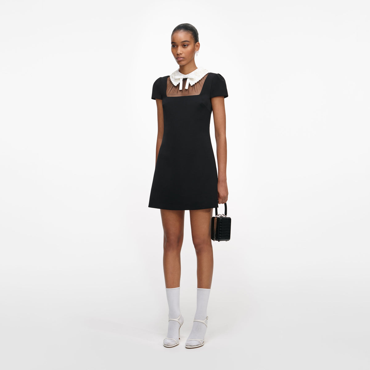 self-portrait - Black Crepe Bow Collar Mini Dress