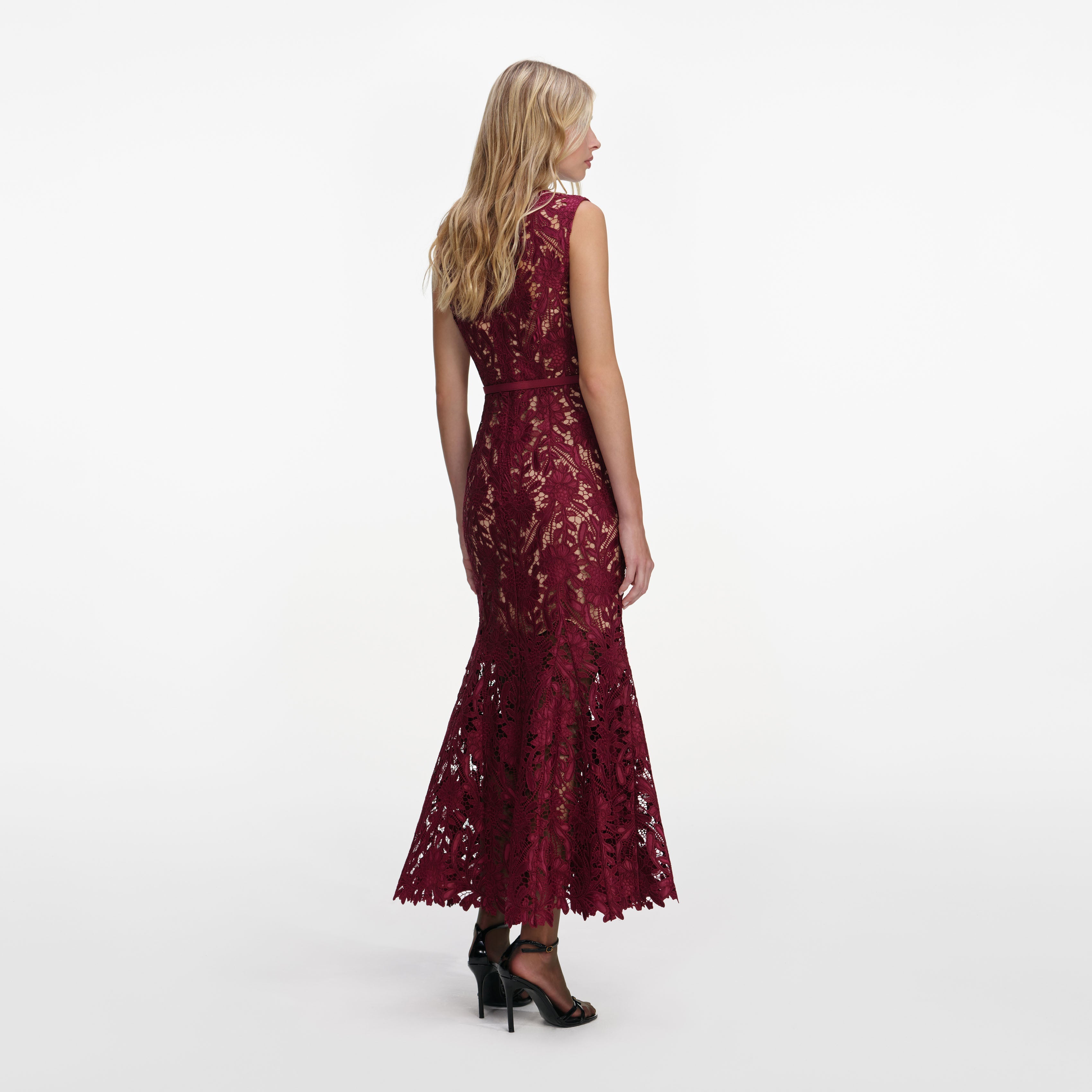 Burgundy Guipure Lace Midi Dress – self-portrait-US