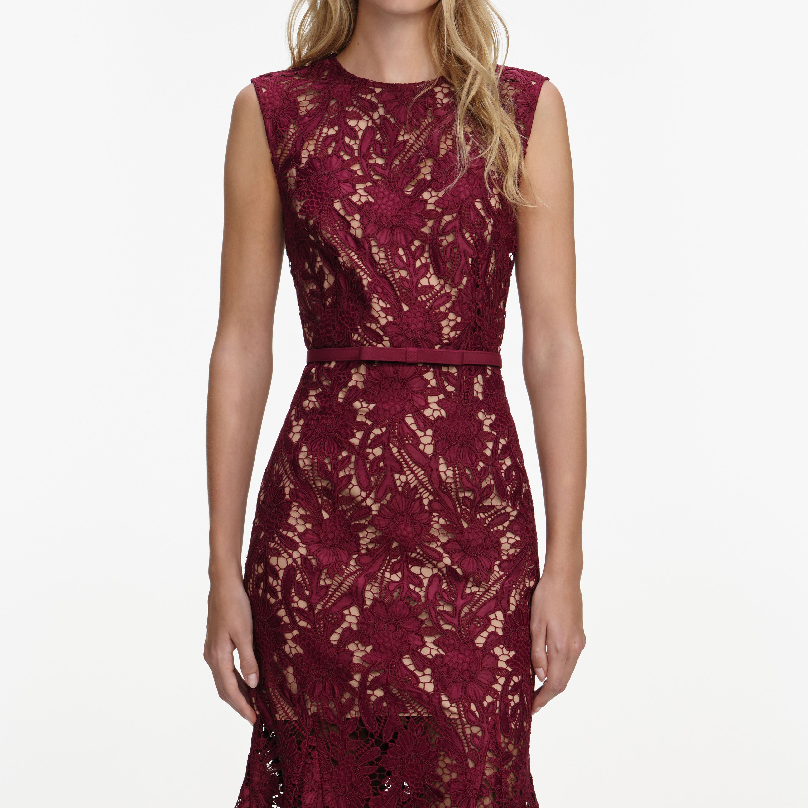 Burgundy Guipure Lace Midi Dress – self-portrait-US