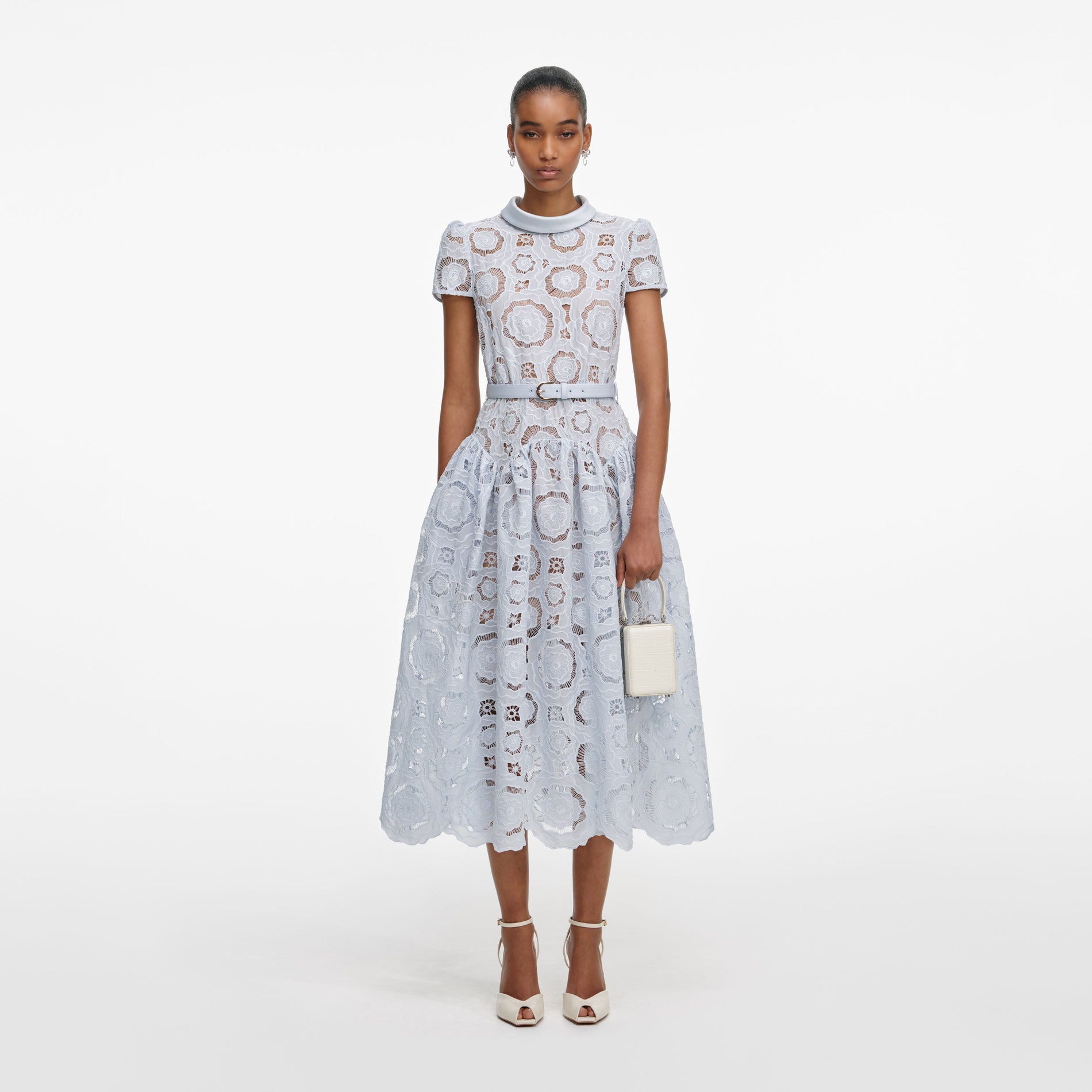 Front view of a woman wearing the Blue Floral Lace  Midi Dress