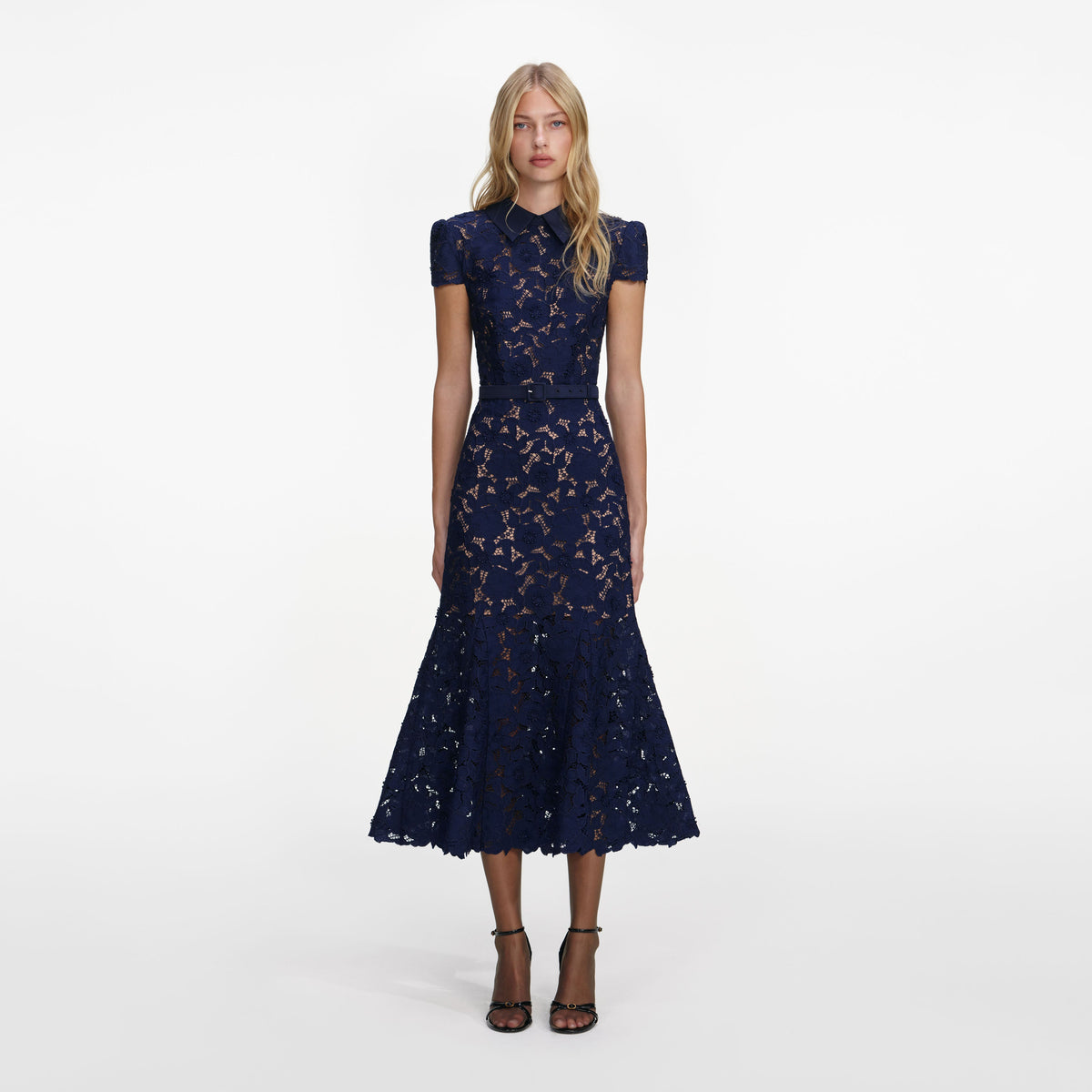 Self-Portrait Women's Guipure Lace Belted Midi-Dress - Navy