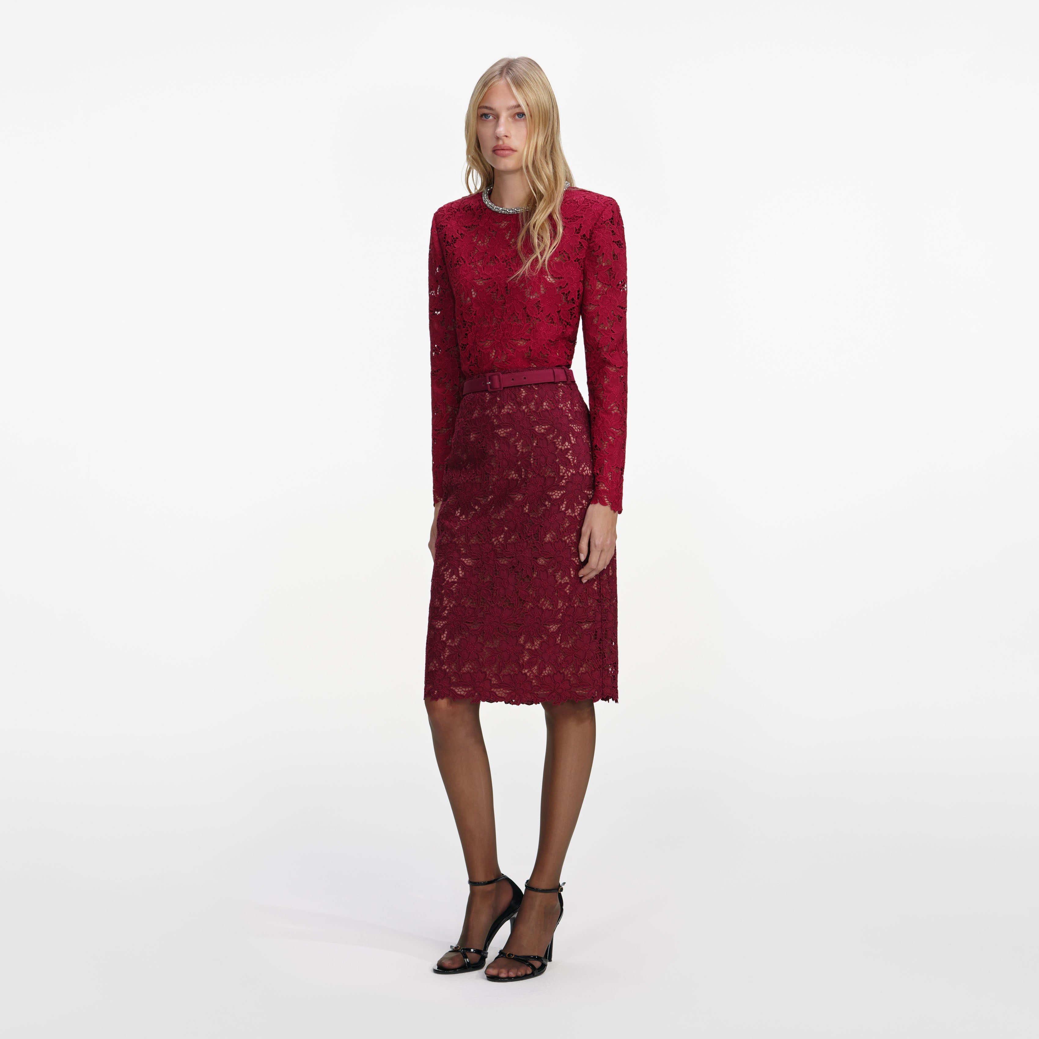 Burgundy Guipure Lace Midi Skirt