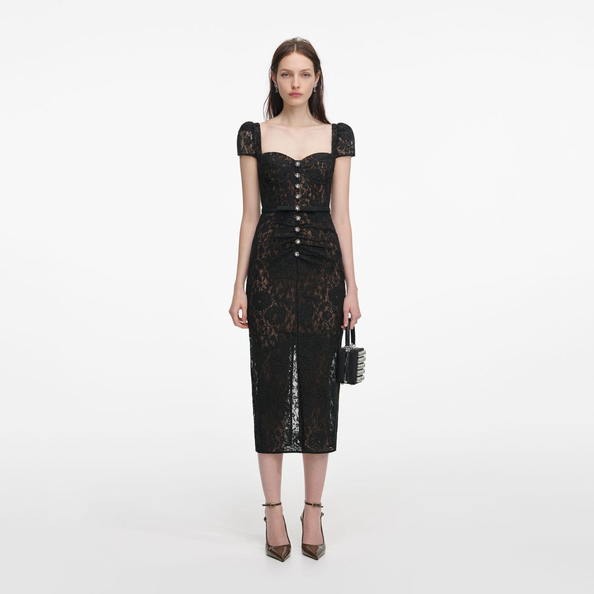 self-portrait - Black Sweetheart Lace Midi Dress - US 6