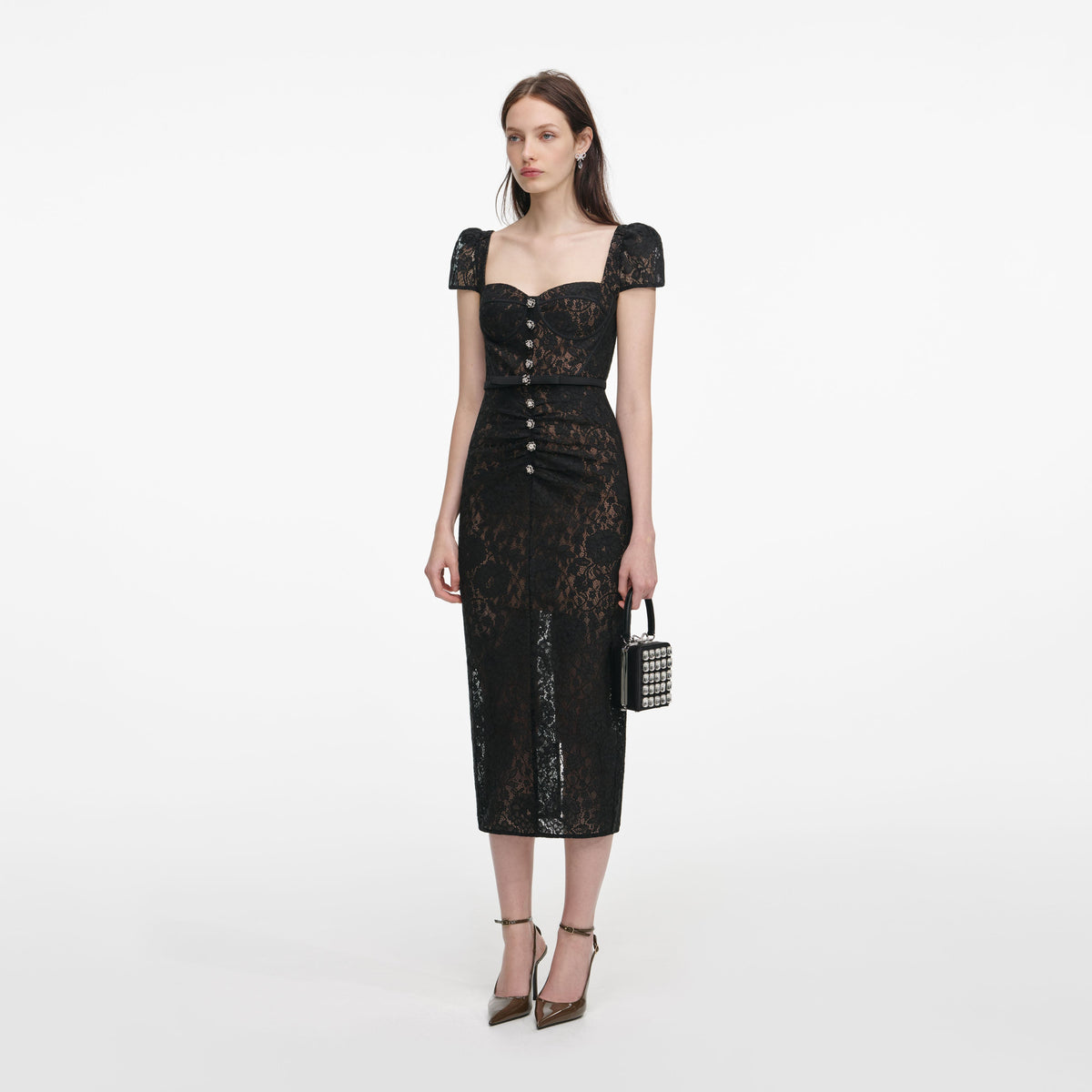 self portrait black lace dress Self-Portrait - Black Sweetheart Lace Midi Dress