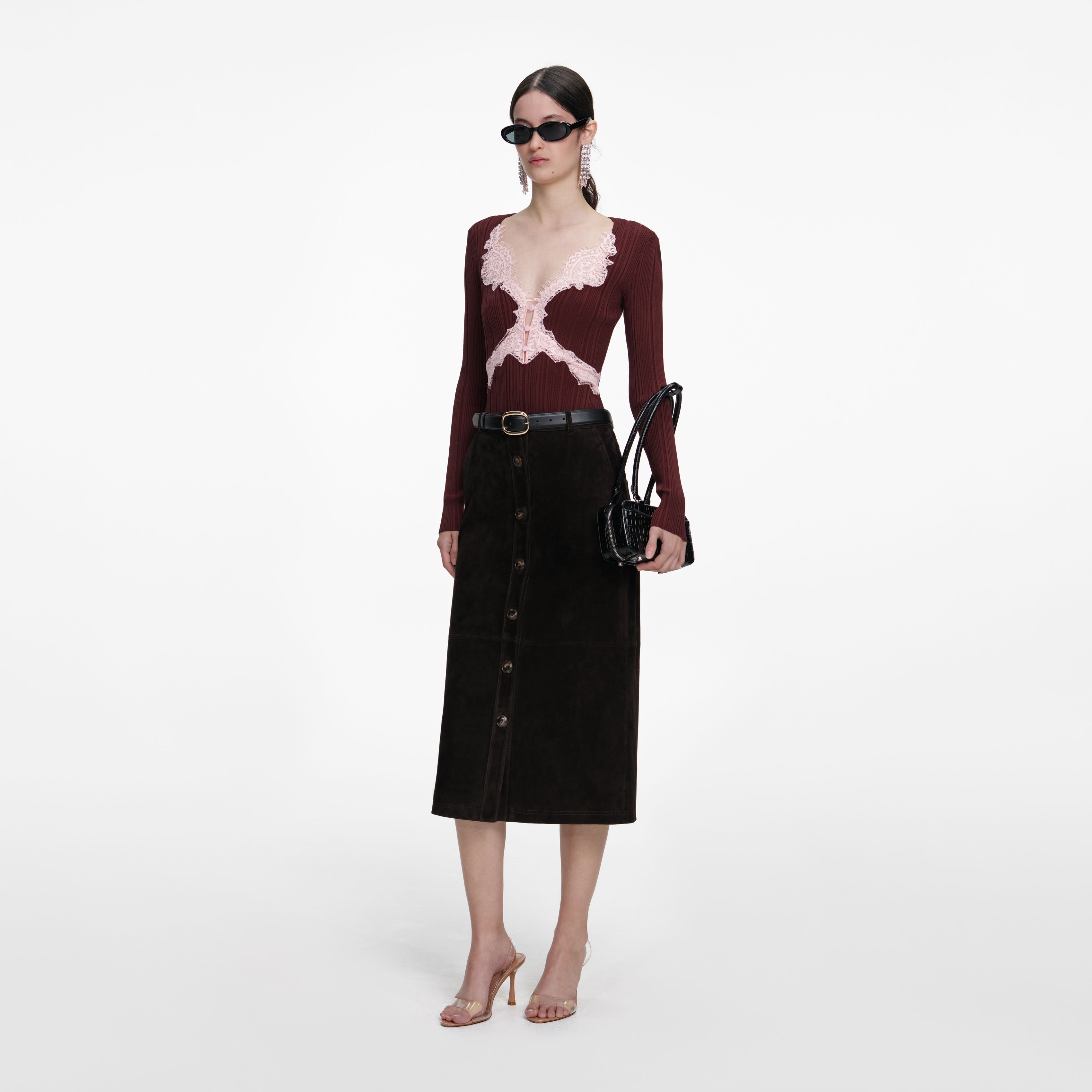 Brown Contrast Lace Knit Top – self-portrait-US