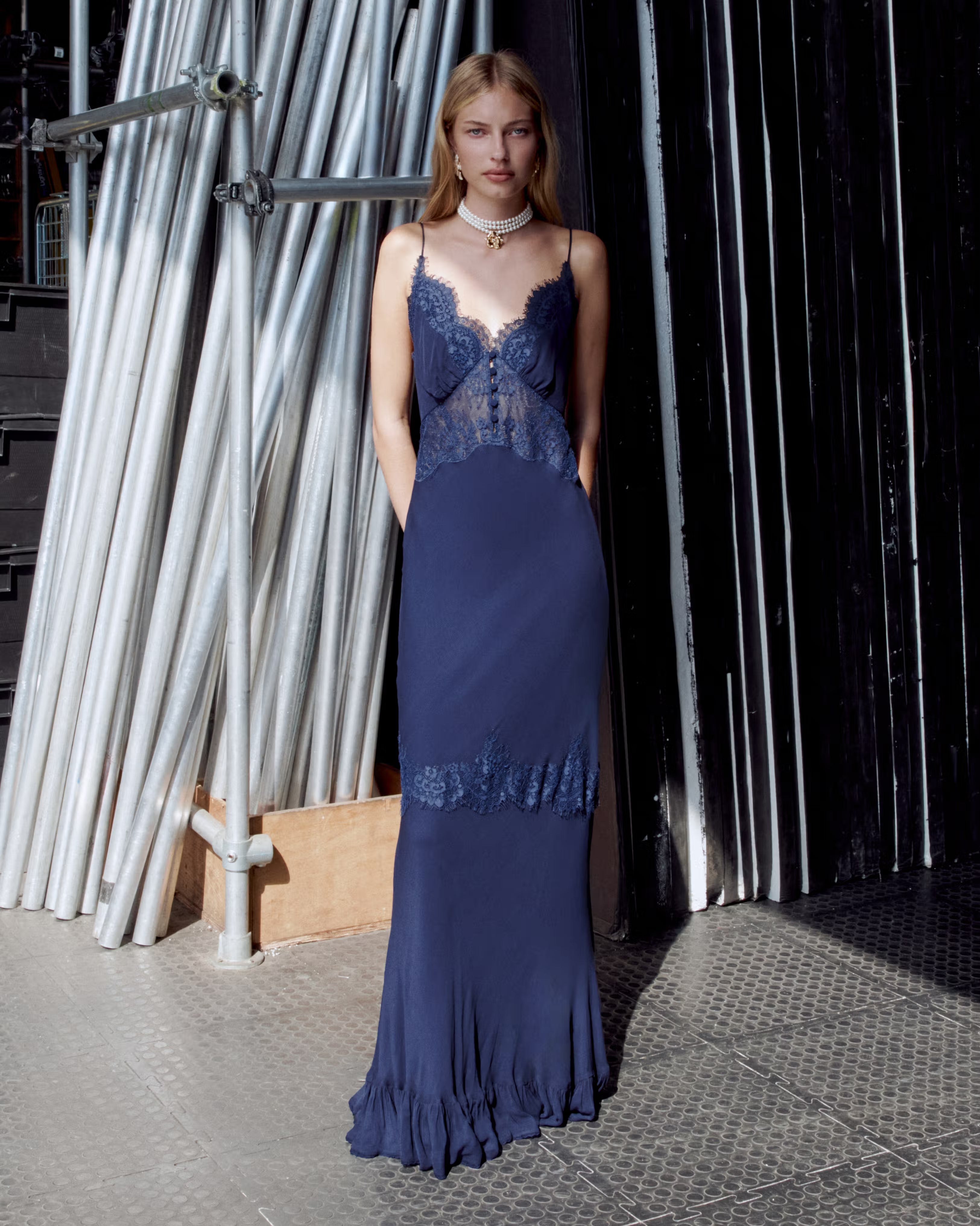 Navy Lace Georgette Maxi Dress – self-portrait-US