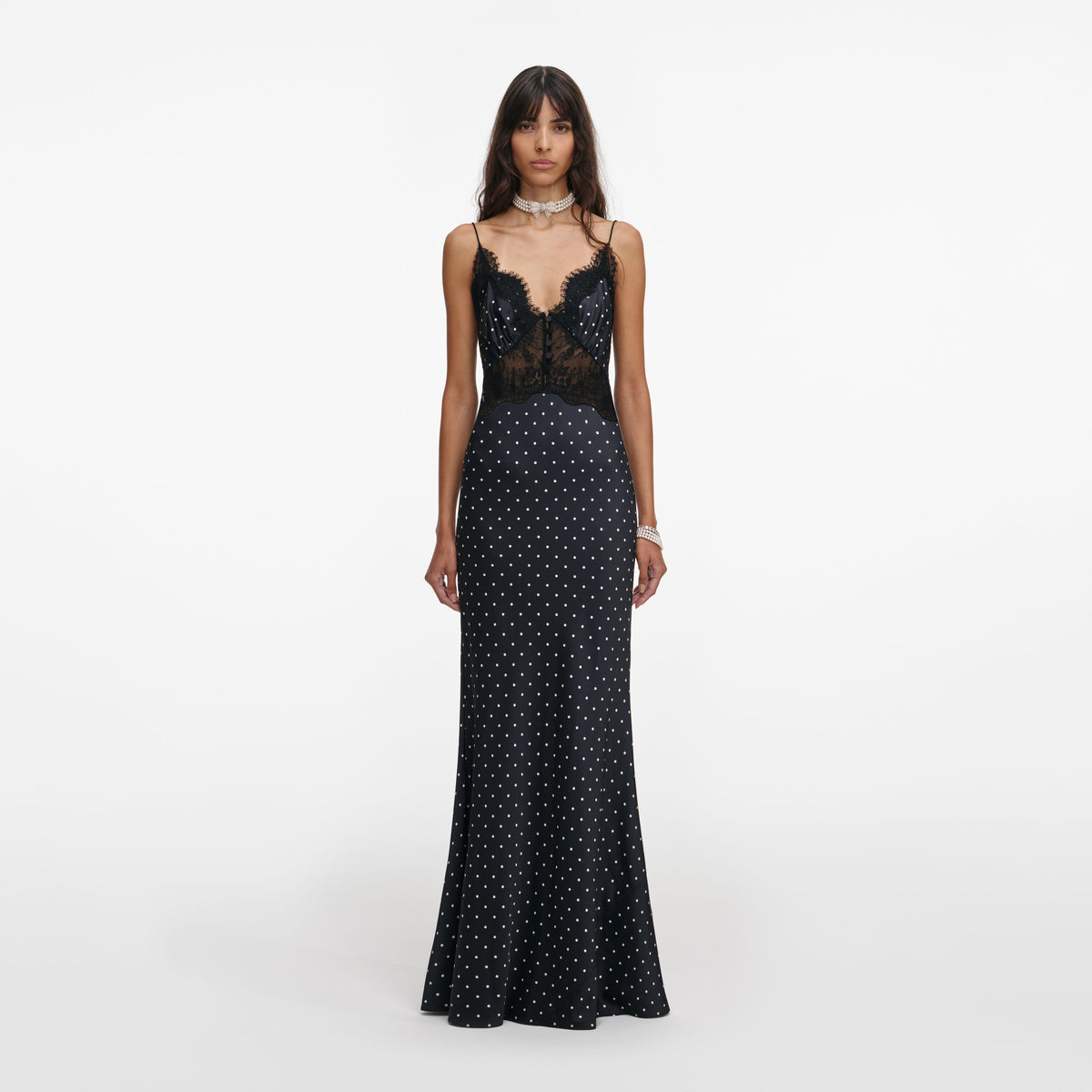 Self-portrait Polka Dot Satin Long Dress - Black