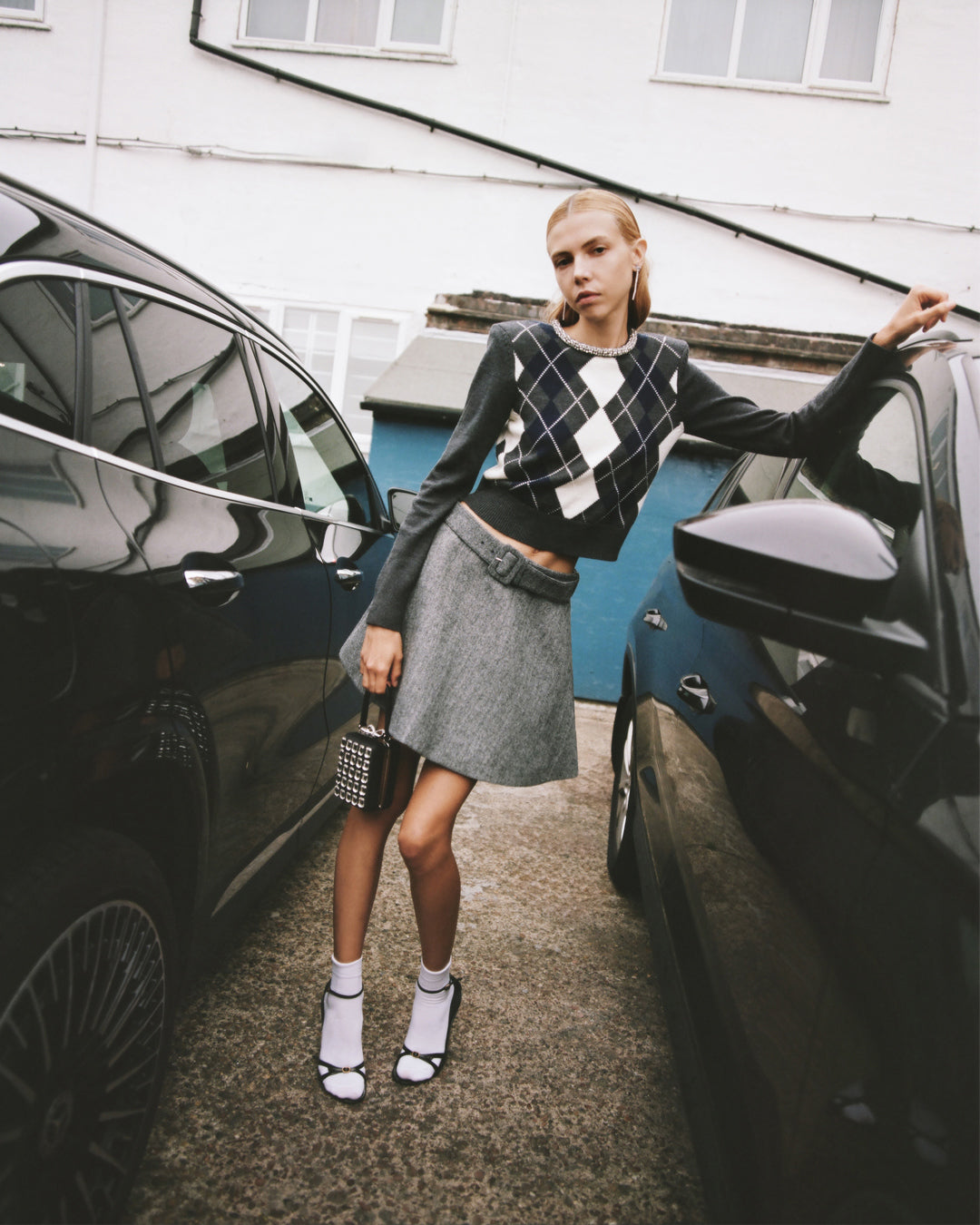 Grey Herringbone Flared Mini Skirt