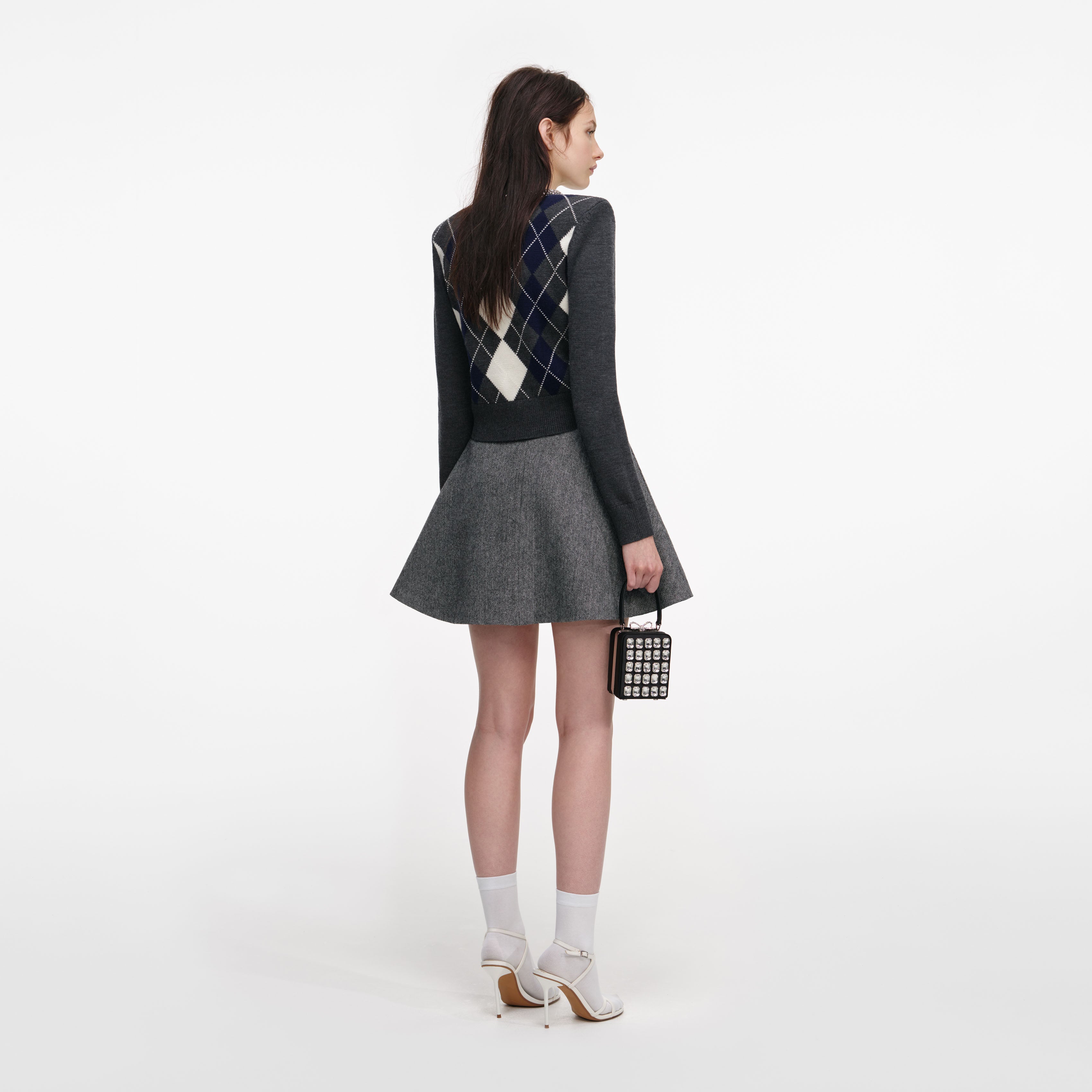 Grey Argyle Crystal Trim Jumper – self-portrait-US