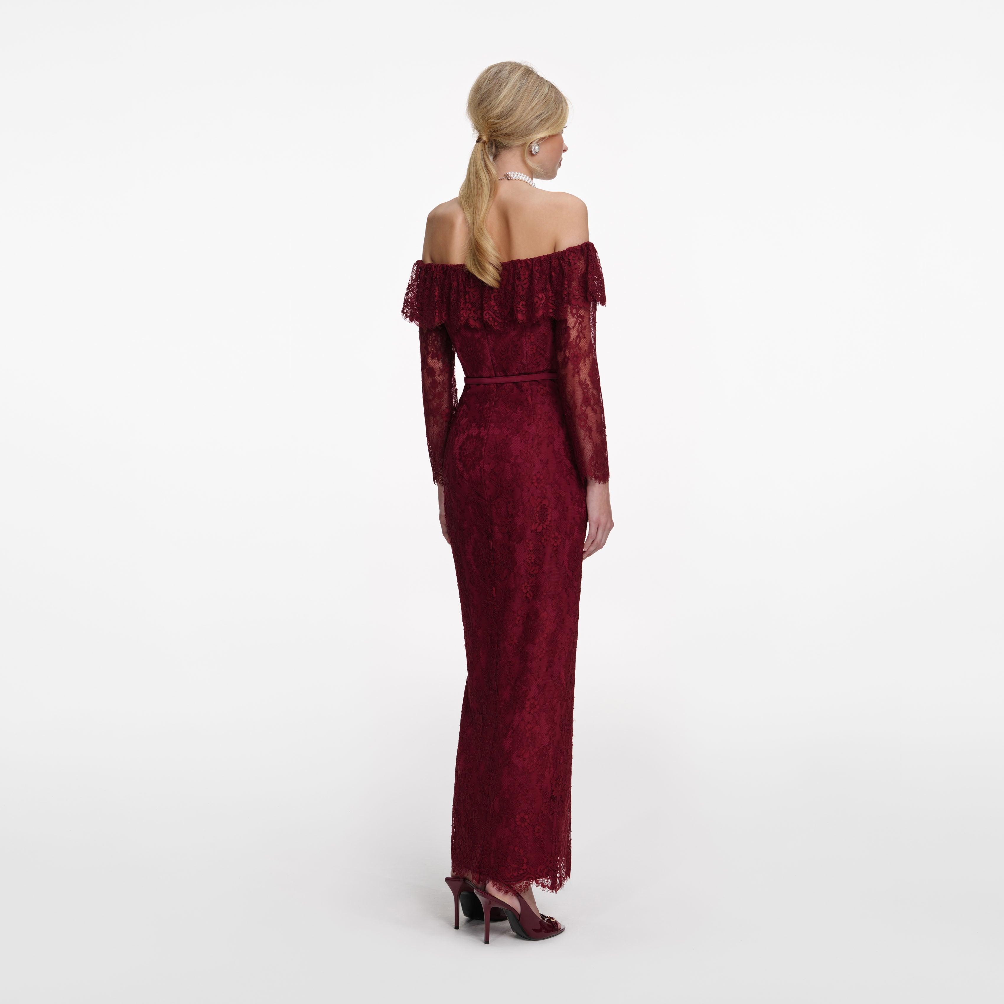 Burgundy Off Shoulder Gathered Lace Maxi Dress