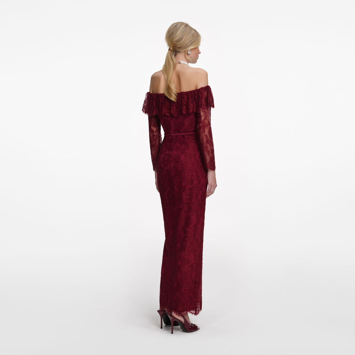Burgundy Off Shoulder Gathered Lace Maxi Dress  self-portrait-US