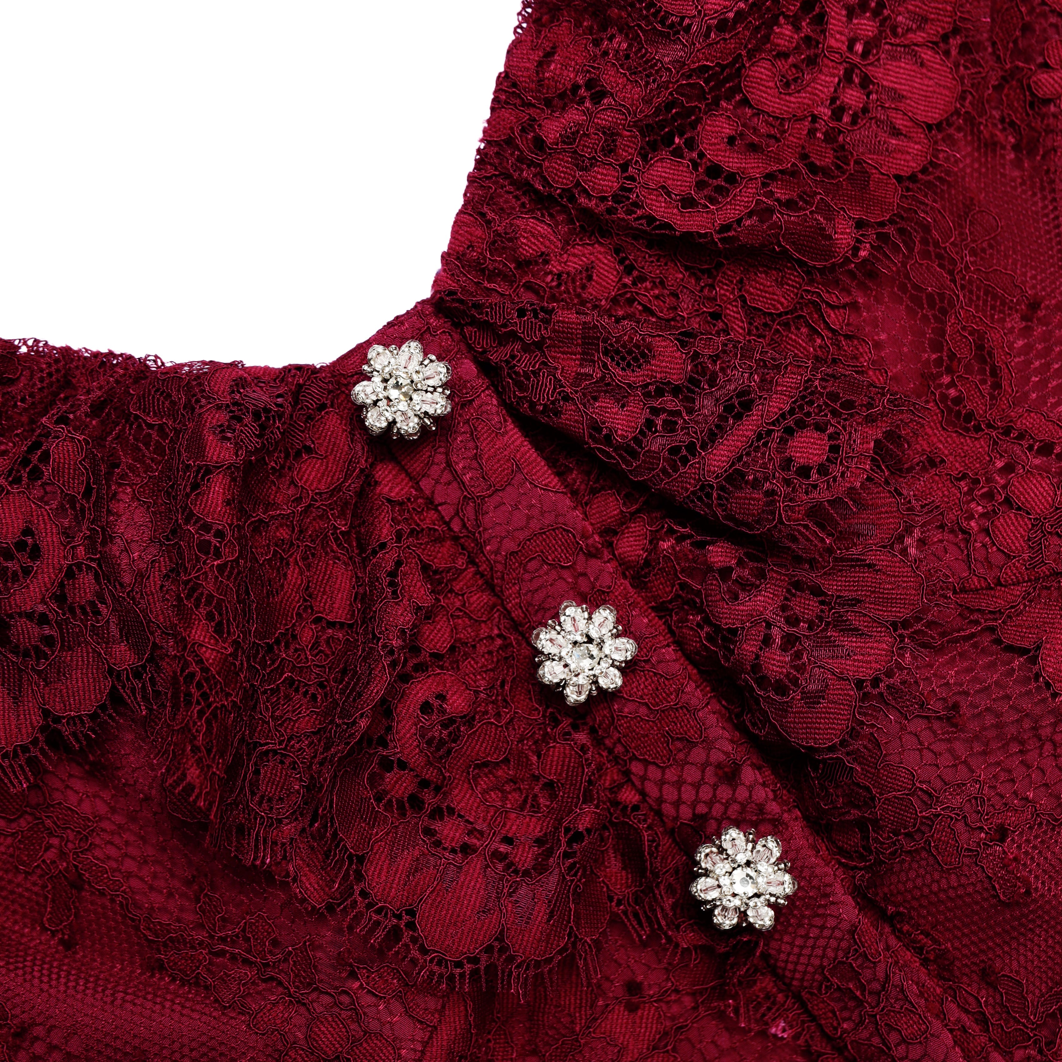 Burgundy Off Shoulder Gathered Lace Maxi Dress