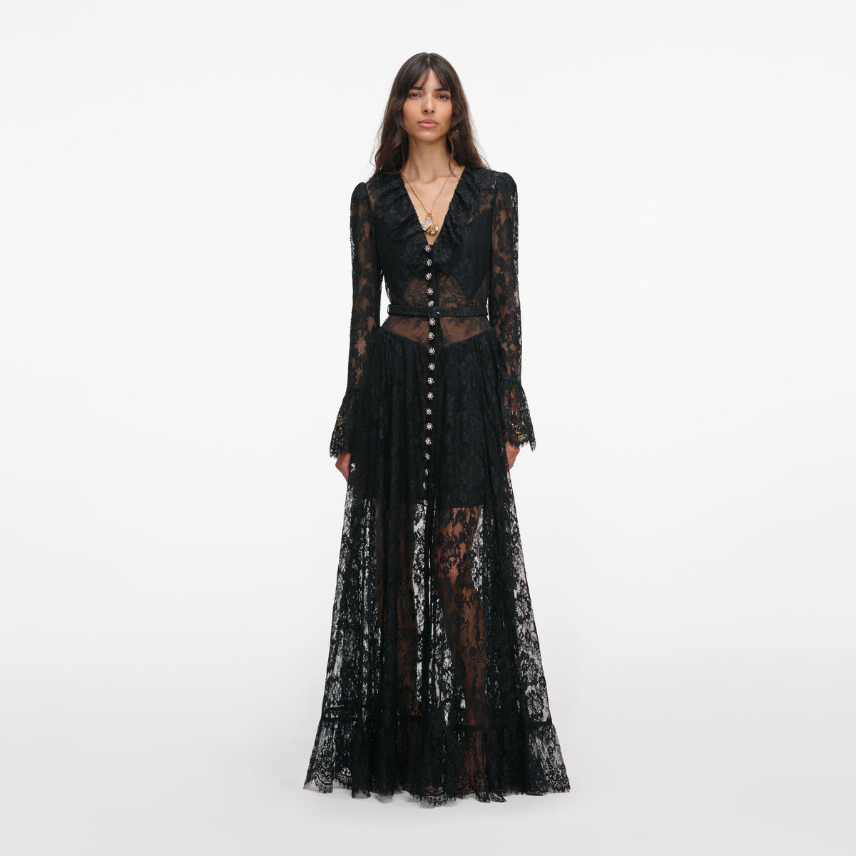 self-portrait - Black Lace Ruffle Maxi Dress
