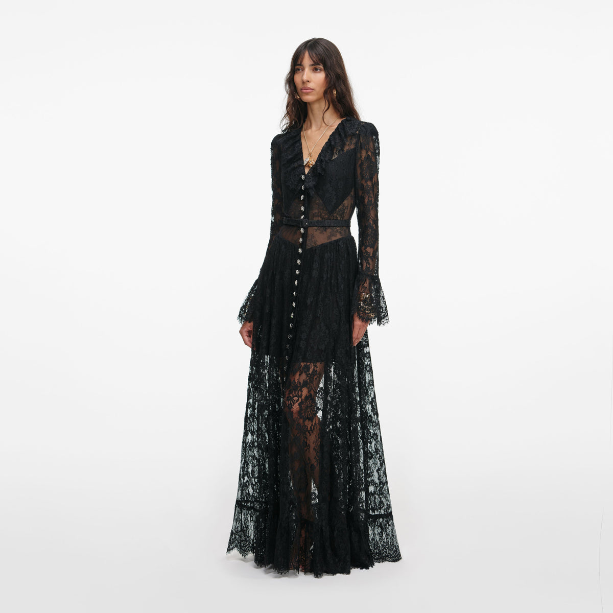 Self-Portrait - Black Lace Ruffle Maxi Dress - US 10
