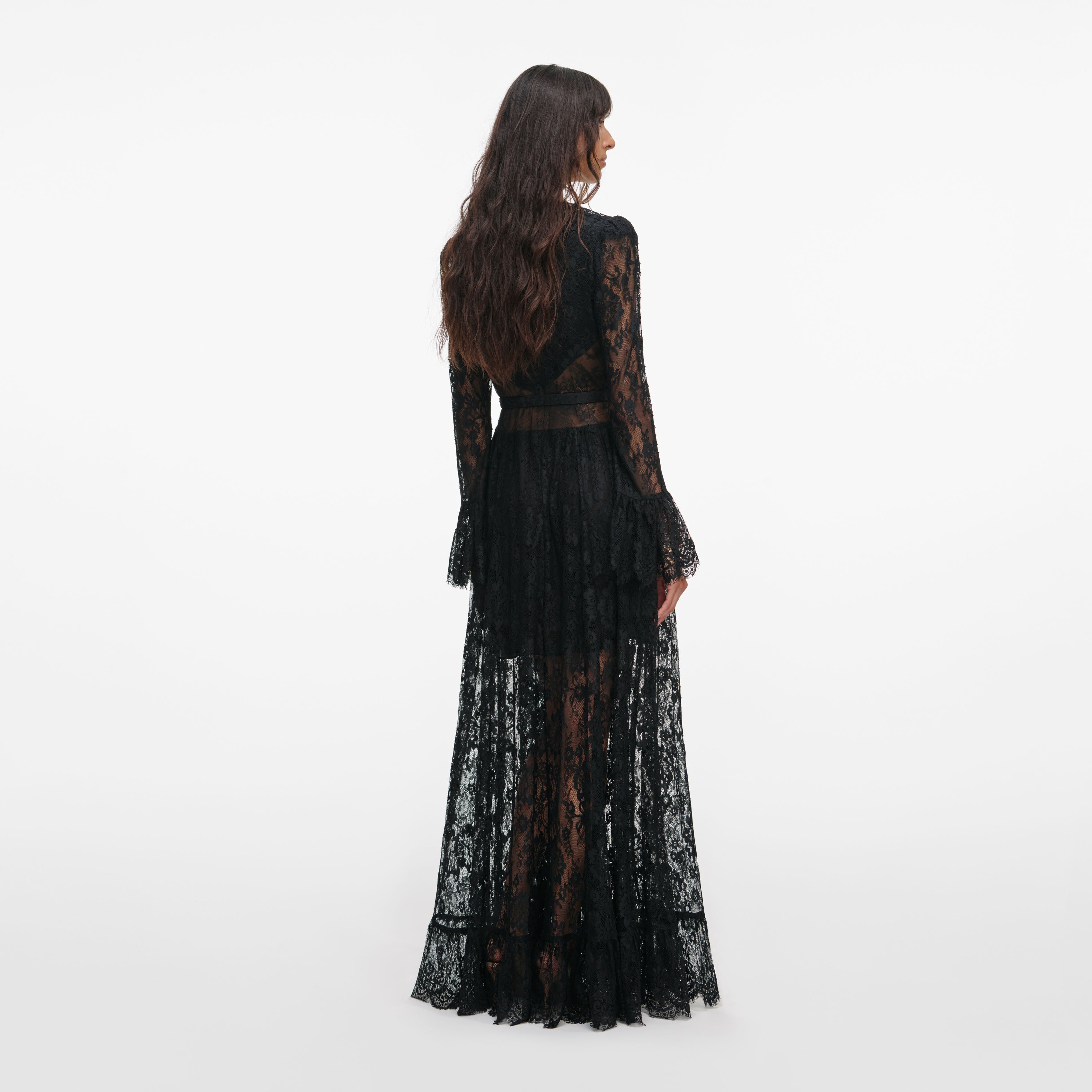 Black Lace Ruffle Maxi Dress – self-portrait-US