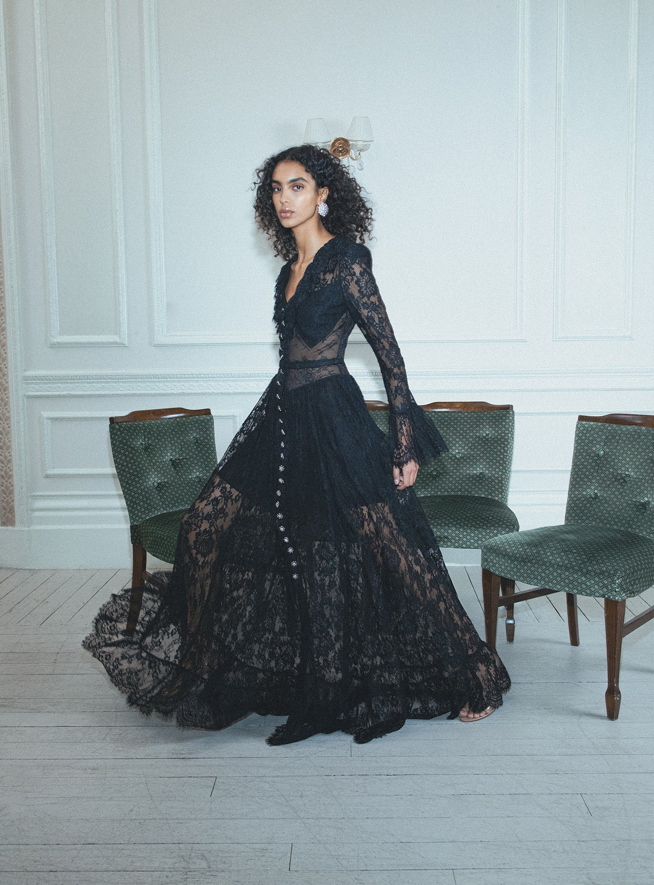 Black Lace Ruffle Maxi Dress – self-portrait-US