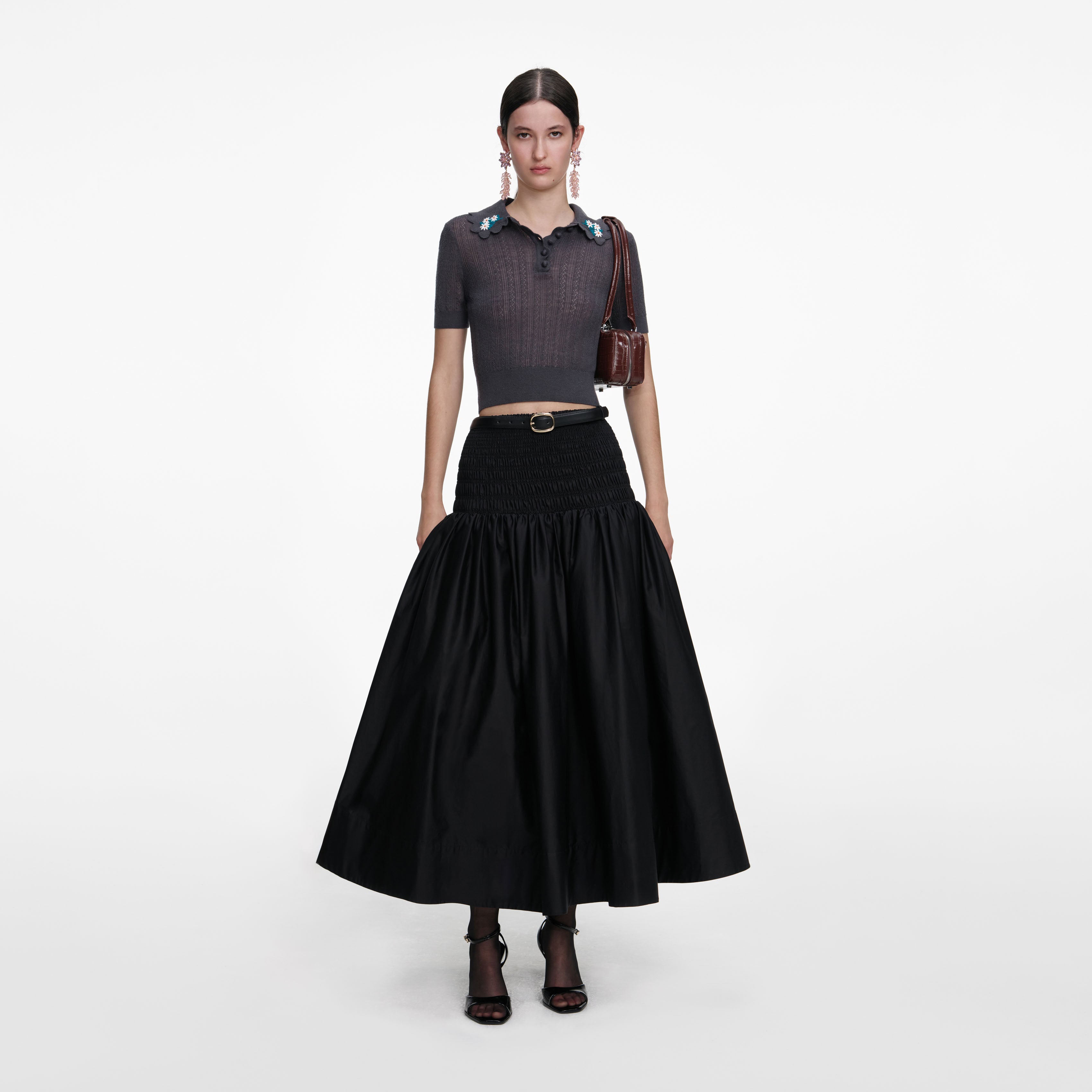 Grey Embroidered Pointelle Knit Top – self-portrait-US