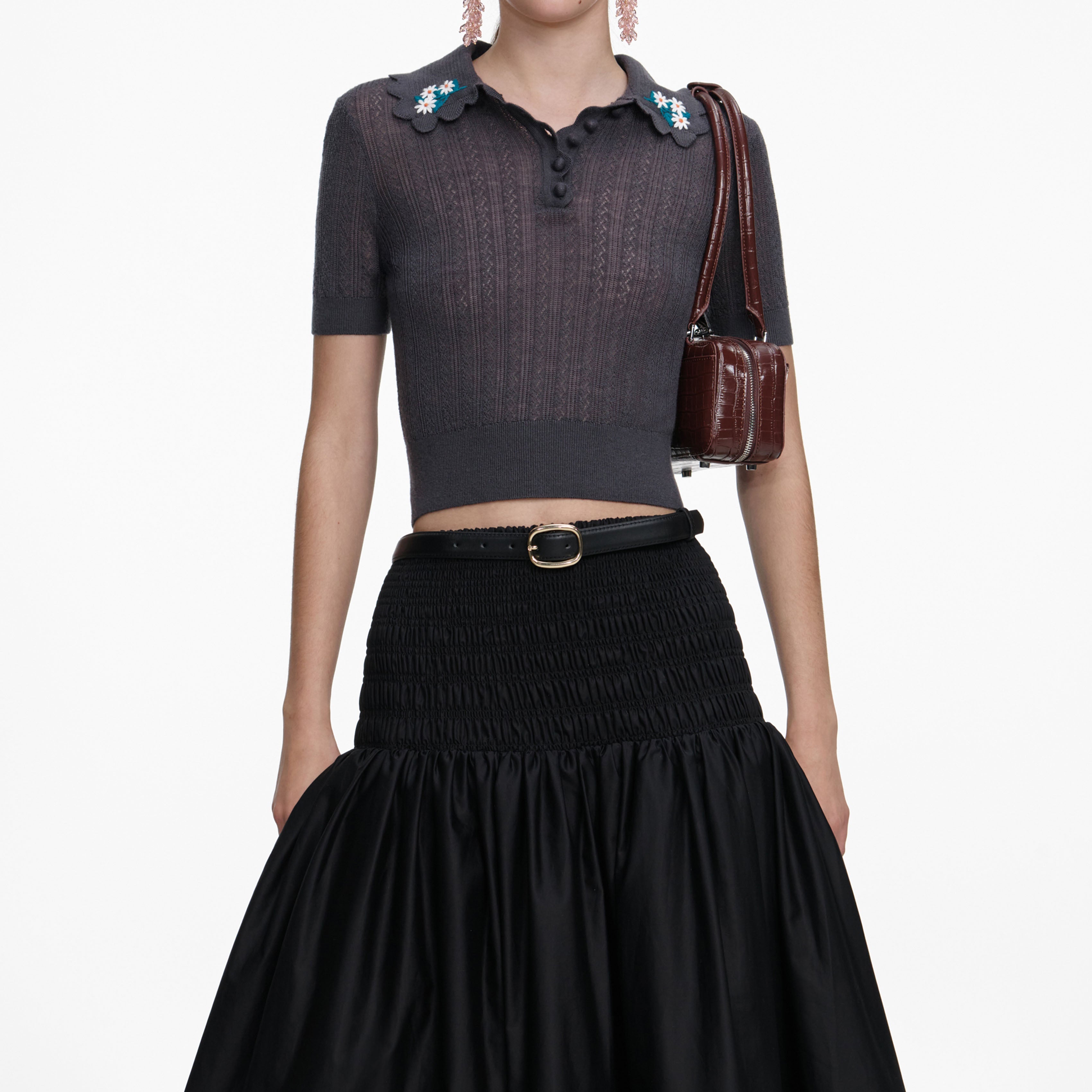 Grey Embroidered Pointelle Knit Top – self-portrait-US