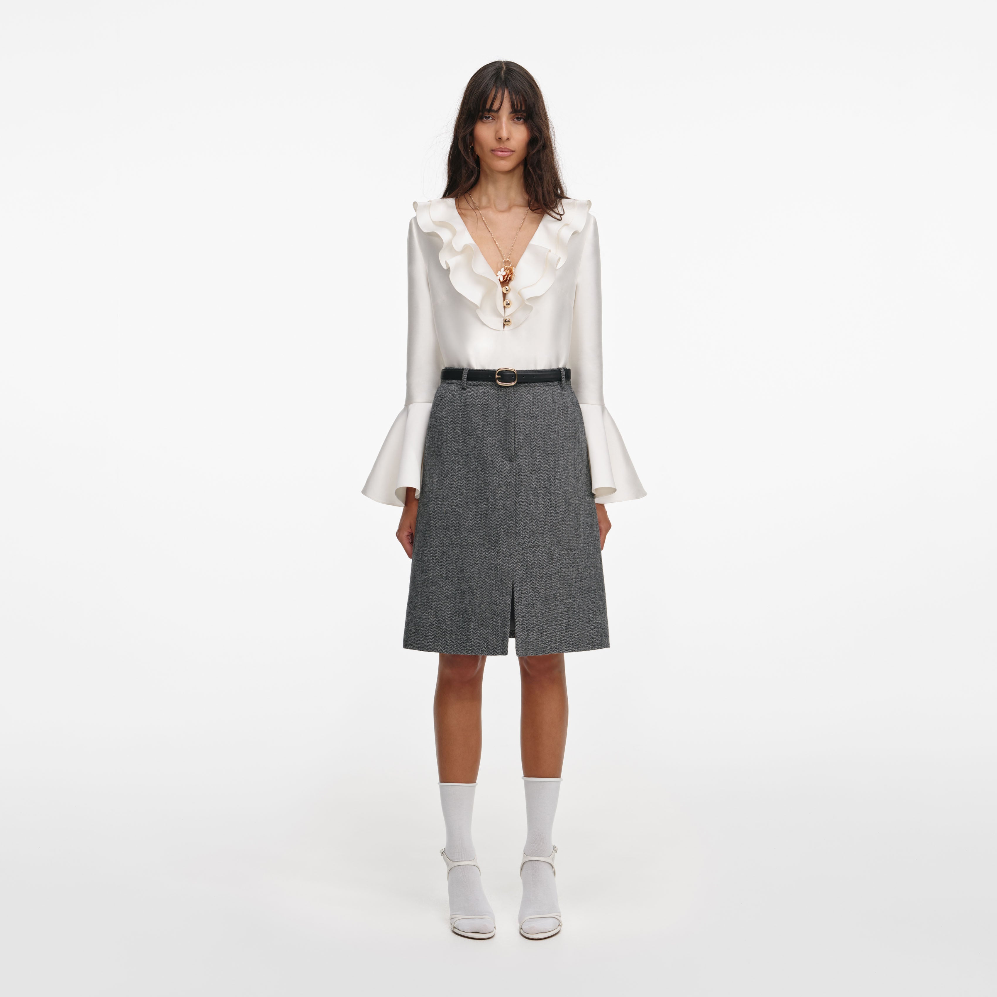 Grey Herringbone Midi Skirt – self-portrait-US
