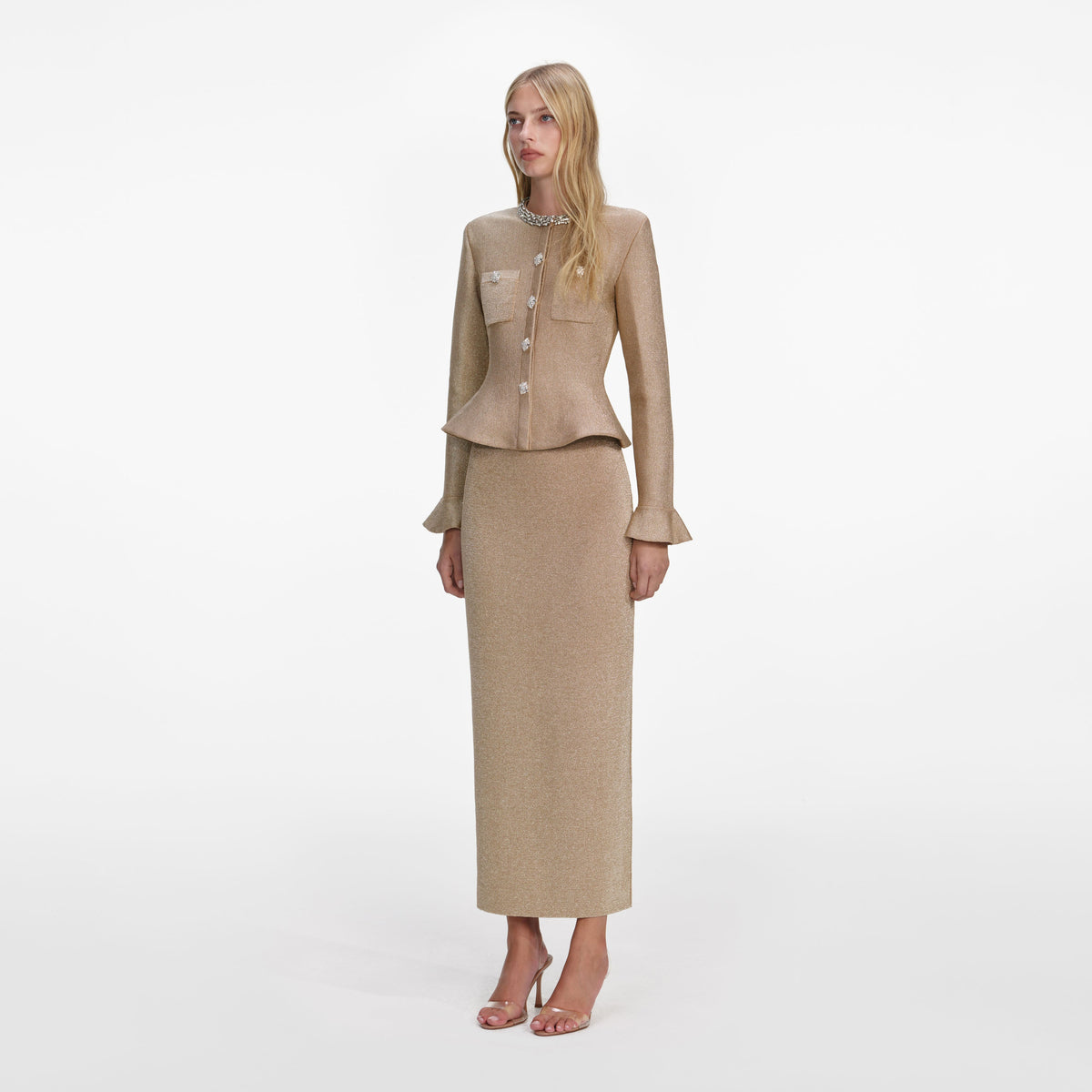 self-portrait - Gold Crystal Trim Knit Midi Dress - L self-portrait - Gold Crystal Trim Knit Midi Dress - L
