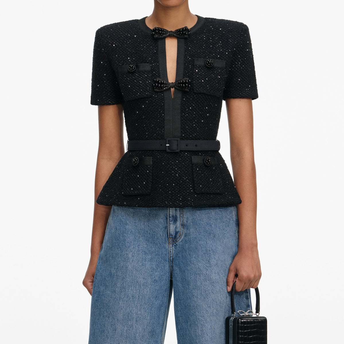 self portrait black sequin knit mini dress Black Lace Trim Knit Mini Dress – self-portrait main image 0