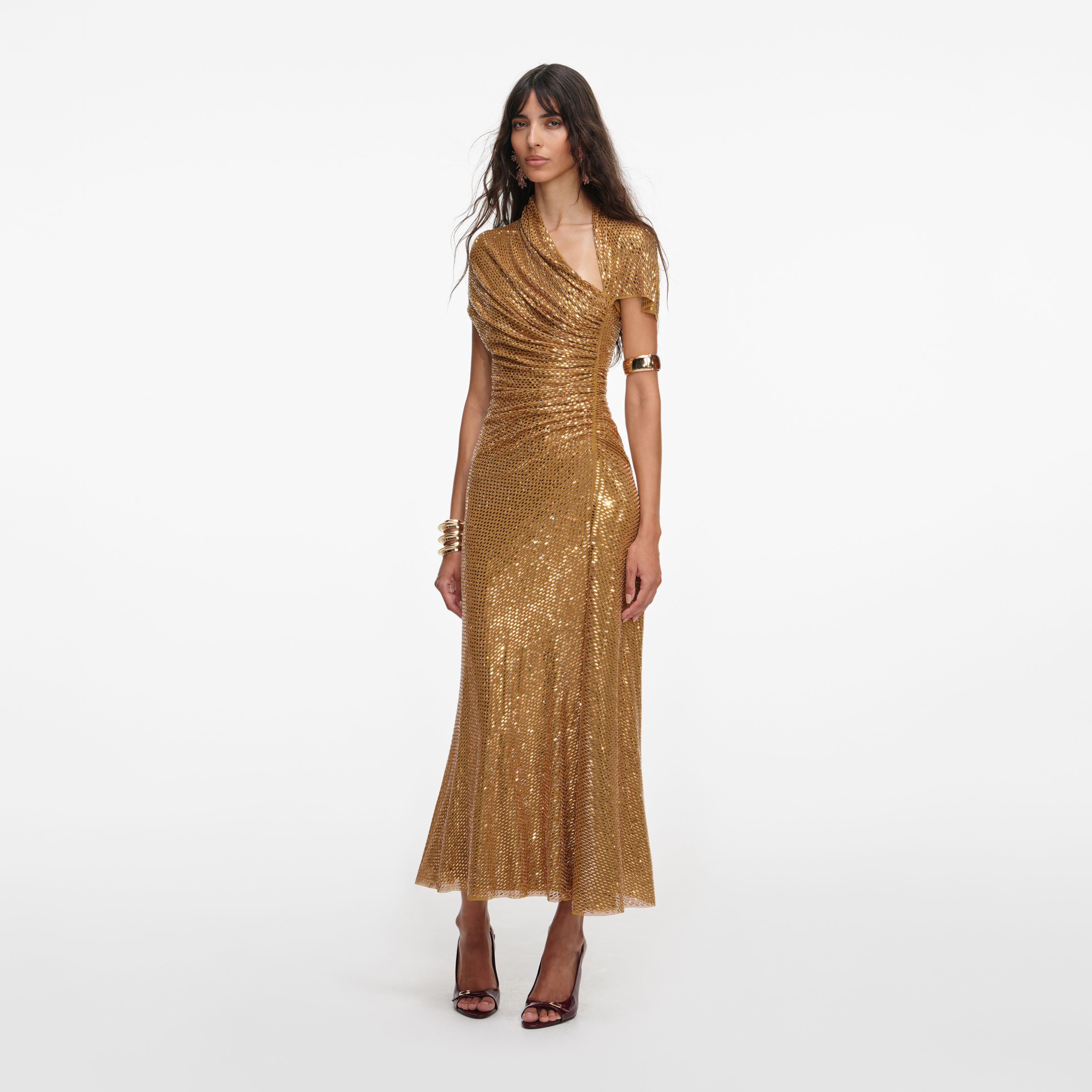 Gold Rhinestone Drape Midi Dress – self-portrait-US Gold Rhinestone Drape Midi Dress – self-portrait-US