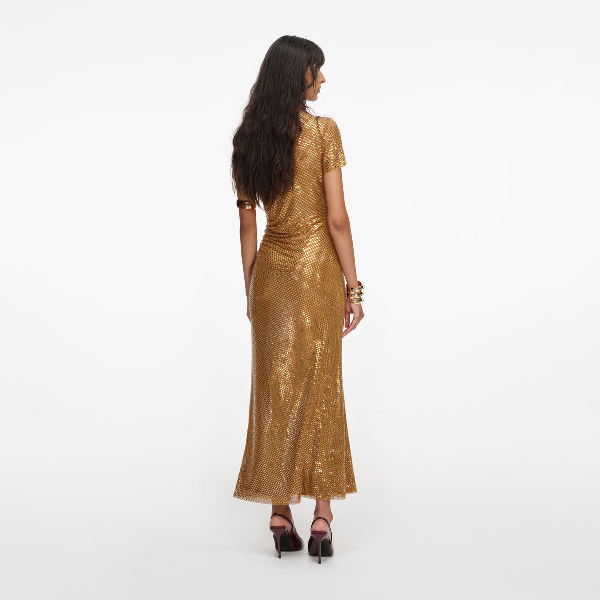 Self-Portrait - Gold Rhinestone Drape Midi Dress - US 14 Self-Portrait - Gold Rhinestone Drape Midi Dress - US 14