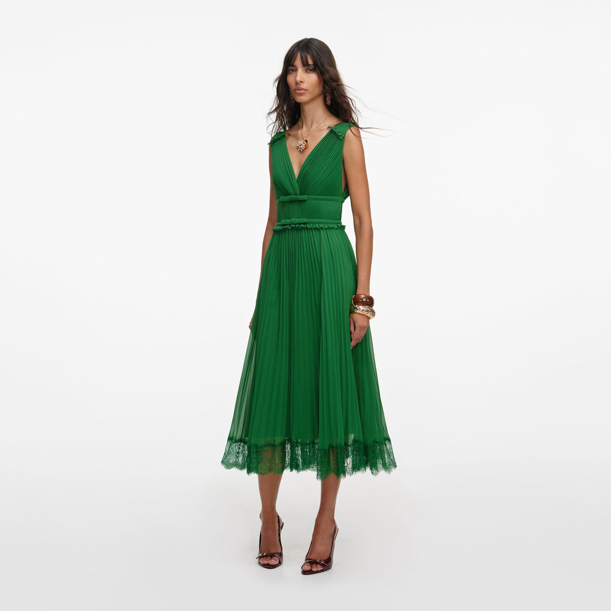 Self-Portrait - Green Chiffon Midi Dress - US 12 Self-Portrait - Green Chiffon Midi Dress - US 12