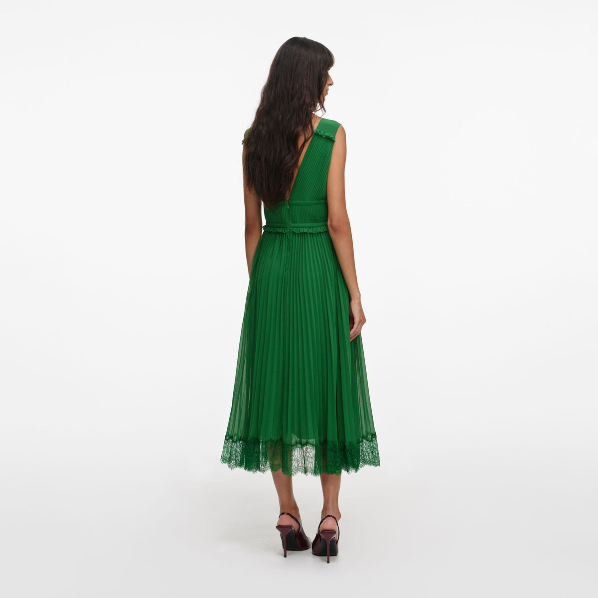 Self-Portrait Pleated Midi Dress with Lace Trim