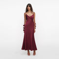 Burgundy Satin Flower Midi Dress